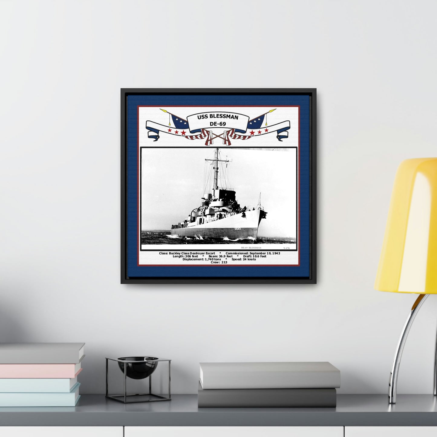 USS Blessman DE-69 Navy Floating Frame Photo Desk View