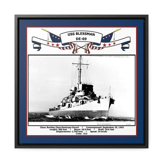 USS Blessman DE-69 Navy Floating Frame Photo Front View