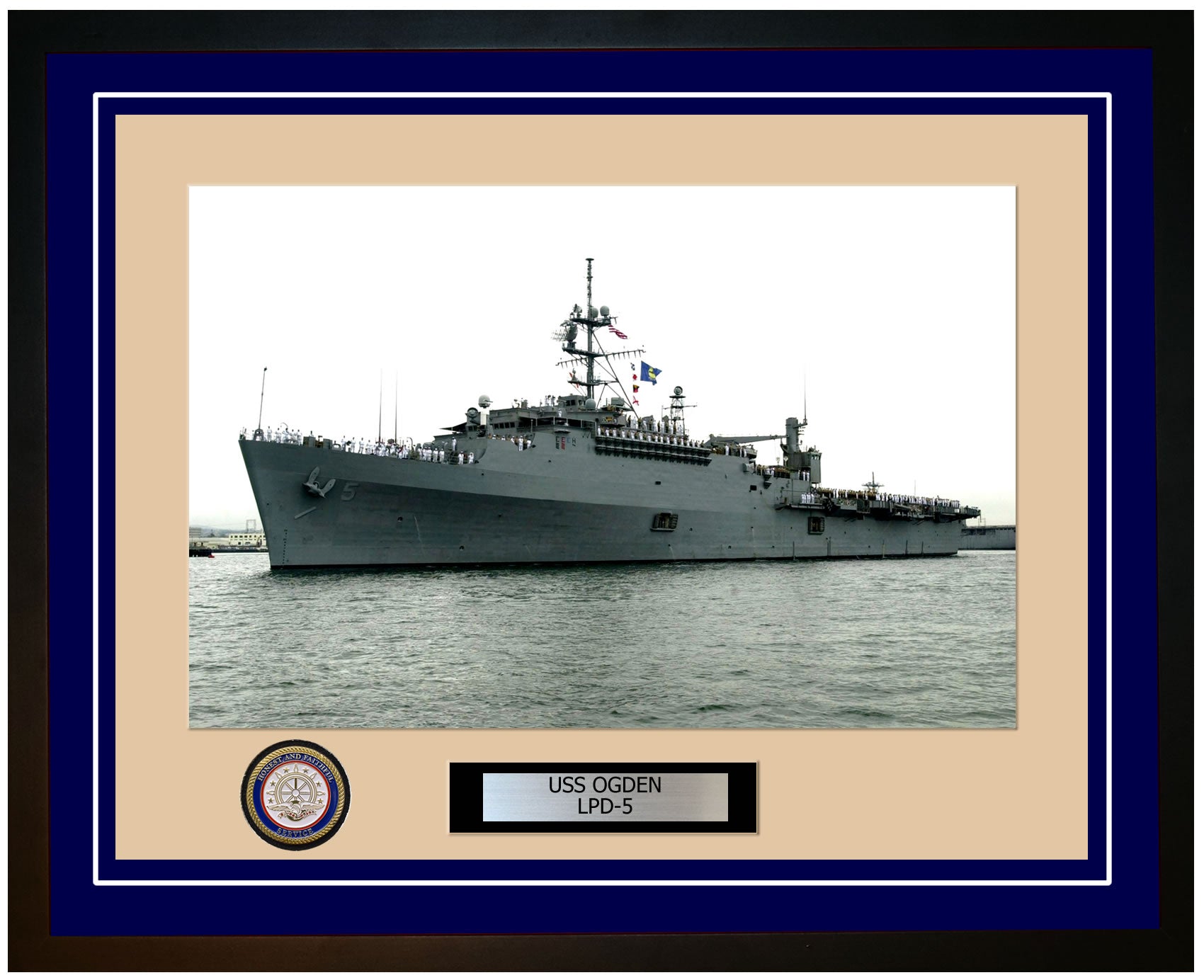 USS Ogden LPD-5 Framed Navy Ship Photo Blue