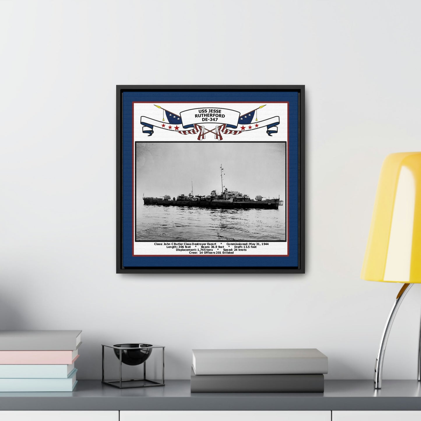 USS Jesse Rutherford DE-347 Navy Floating Frame Photo Desk View