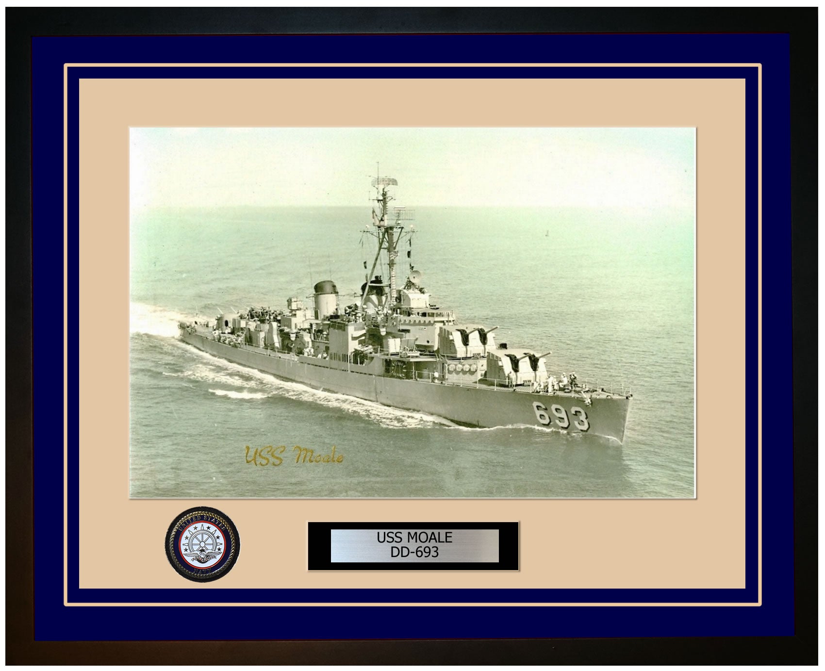 USS MOALE DD-693 Framed Navy Ship Photo Blue