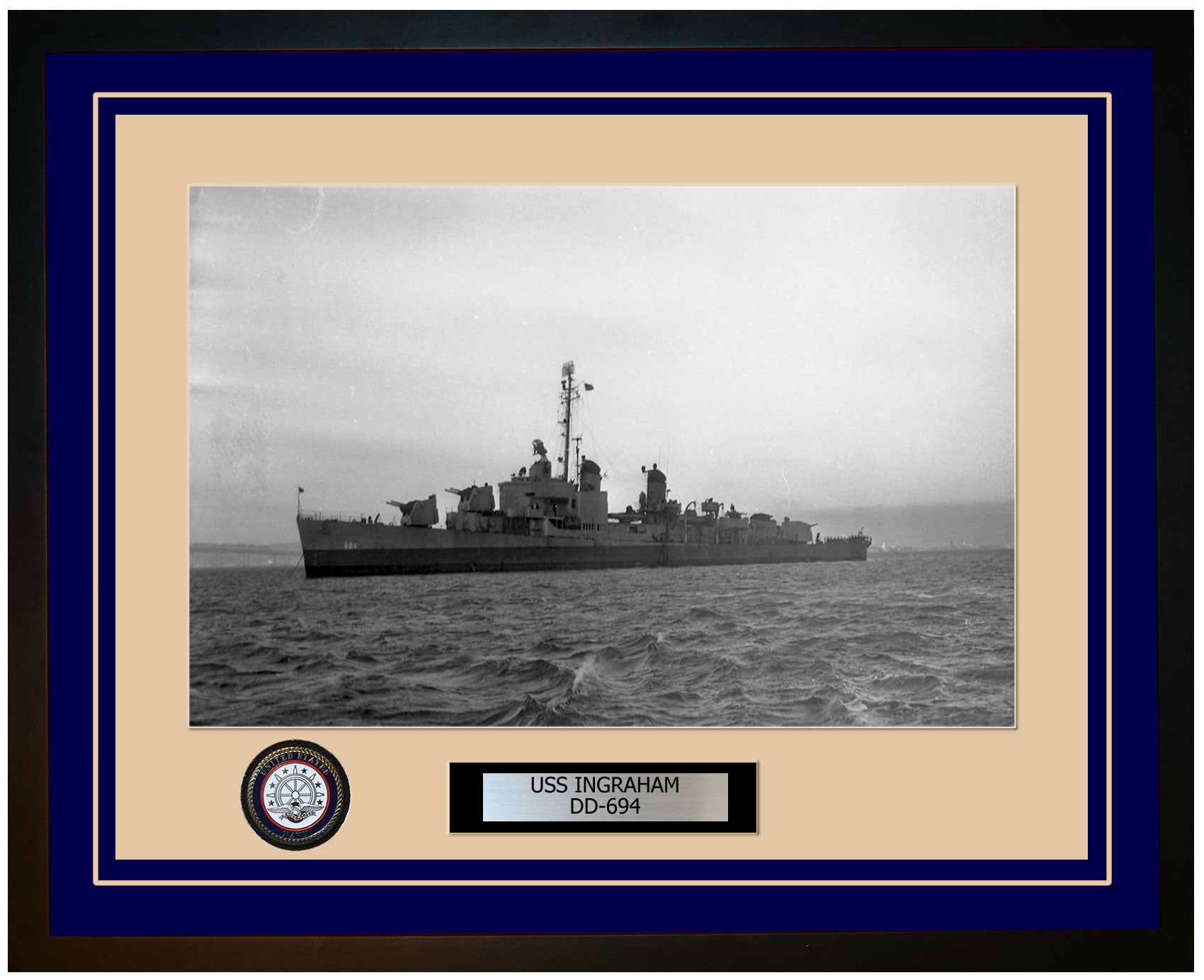 USS INGRAHAM DD-694 Framed Navy Ship Photo Blue
