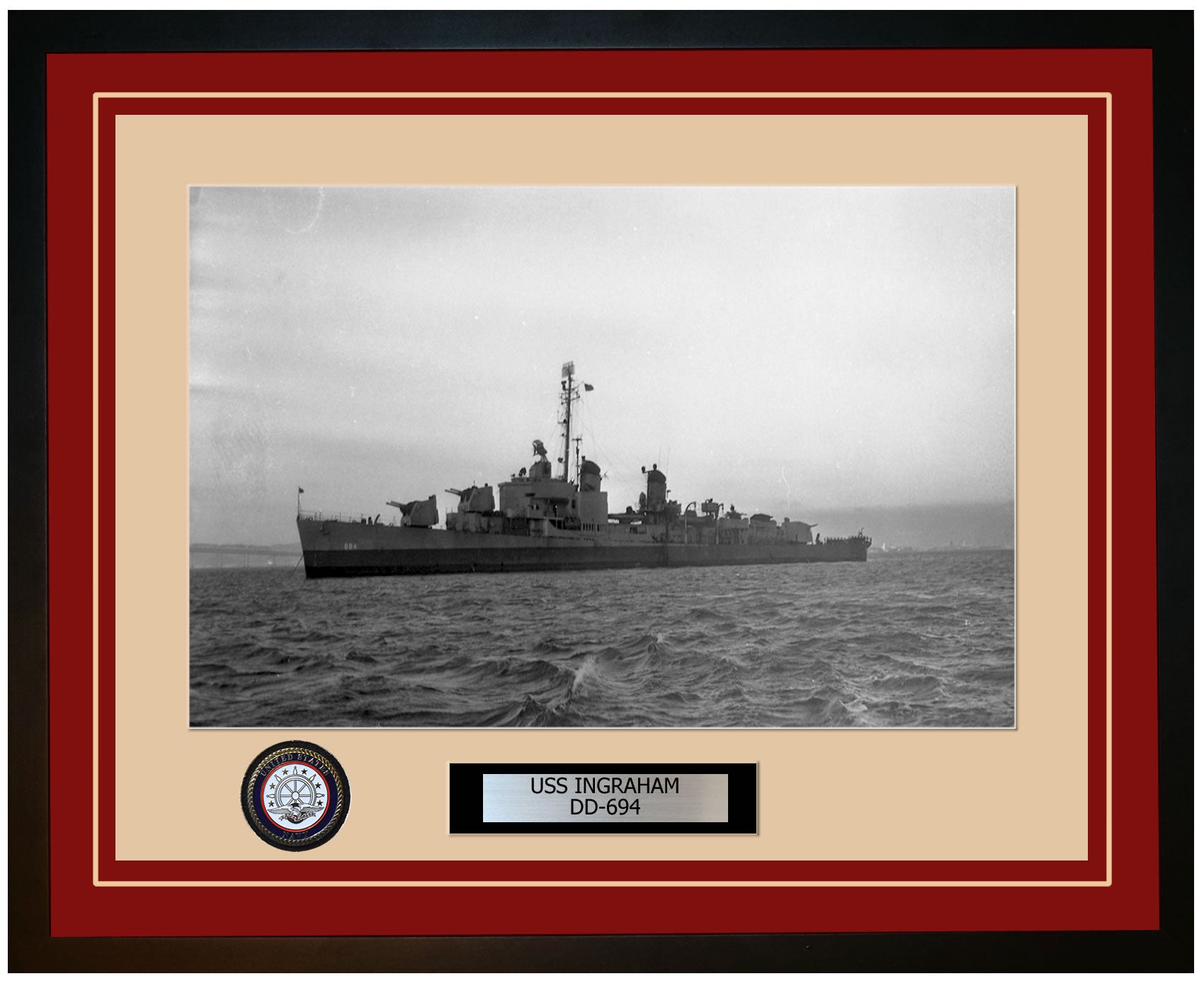 USS INGRAHAM DD-694 Framed Navy Ship Photo Burgundy