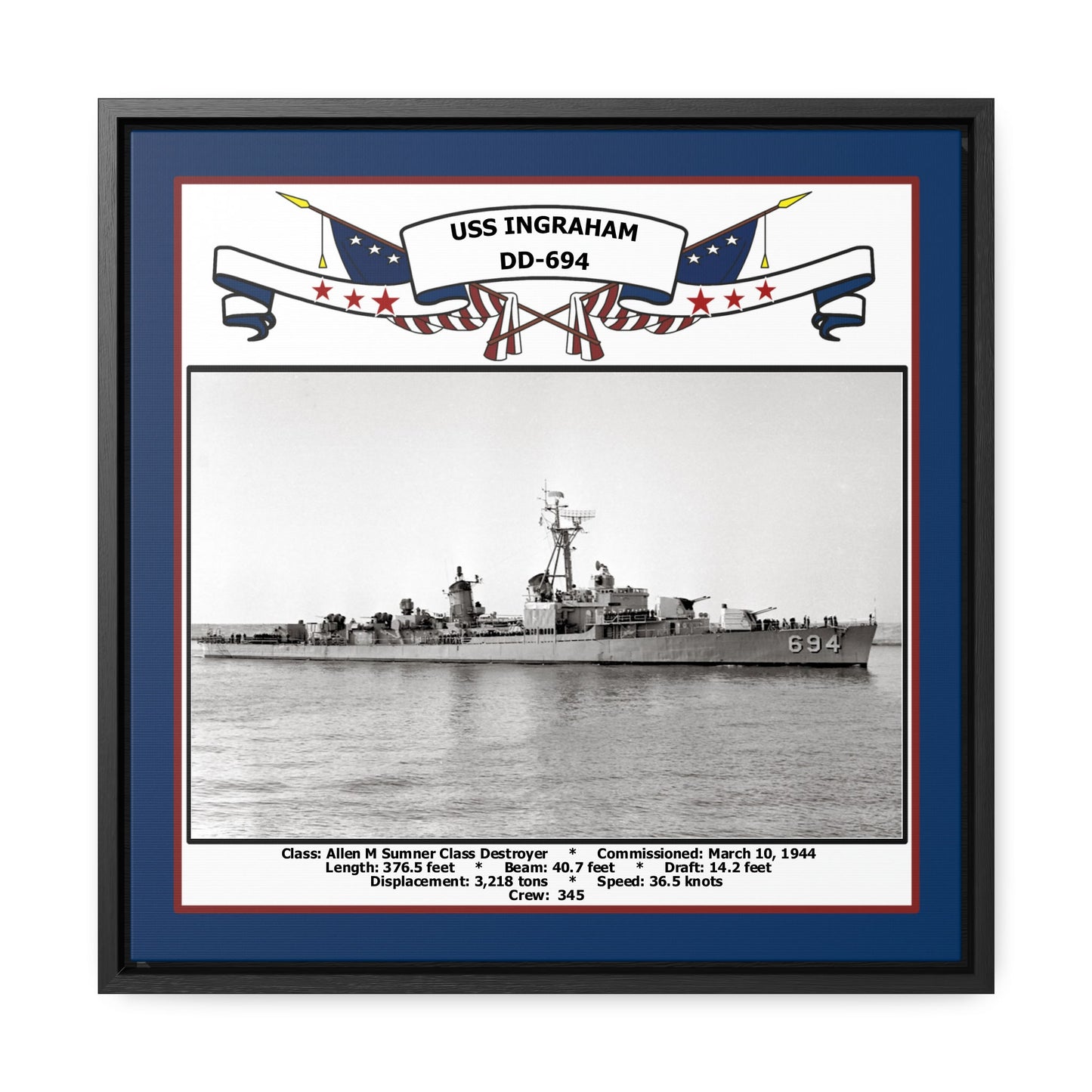 USS Ingraham DD-694 Navy Floating Frame Photo Front View