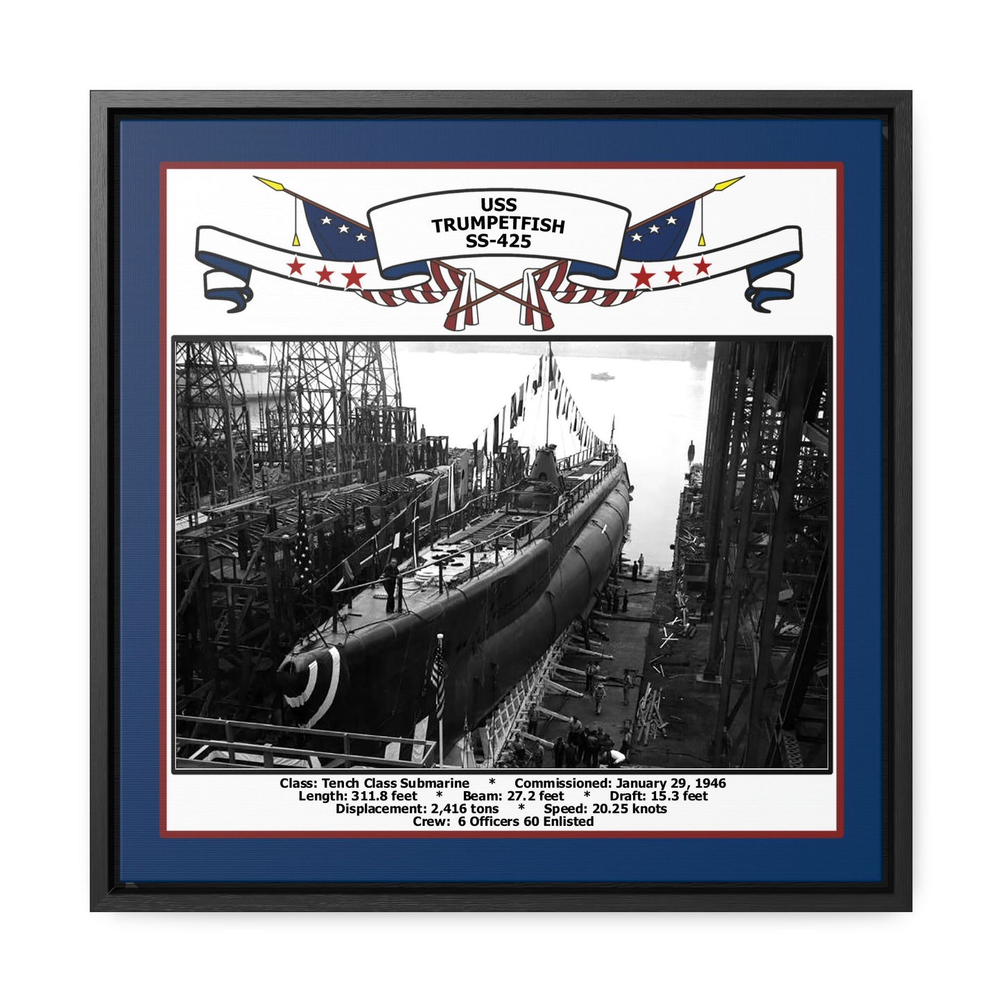 USS Trumpetfish SS-425 Navy Floating Frame Photo Front View