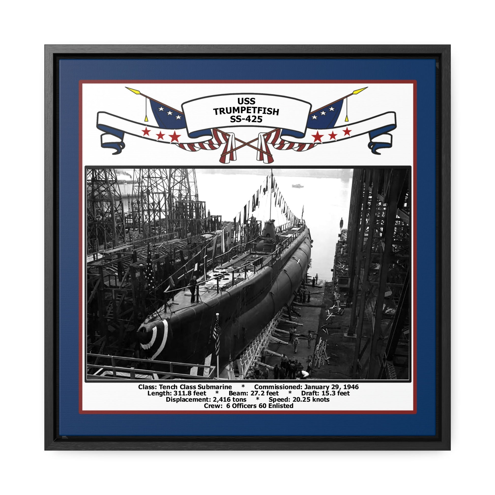 USS Trumpetfish SS-425 Navy Floating Frame Photo Front View