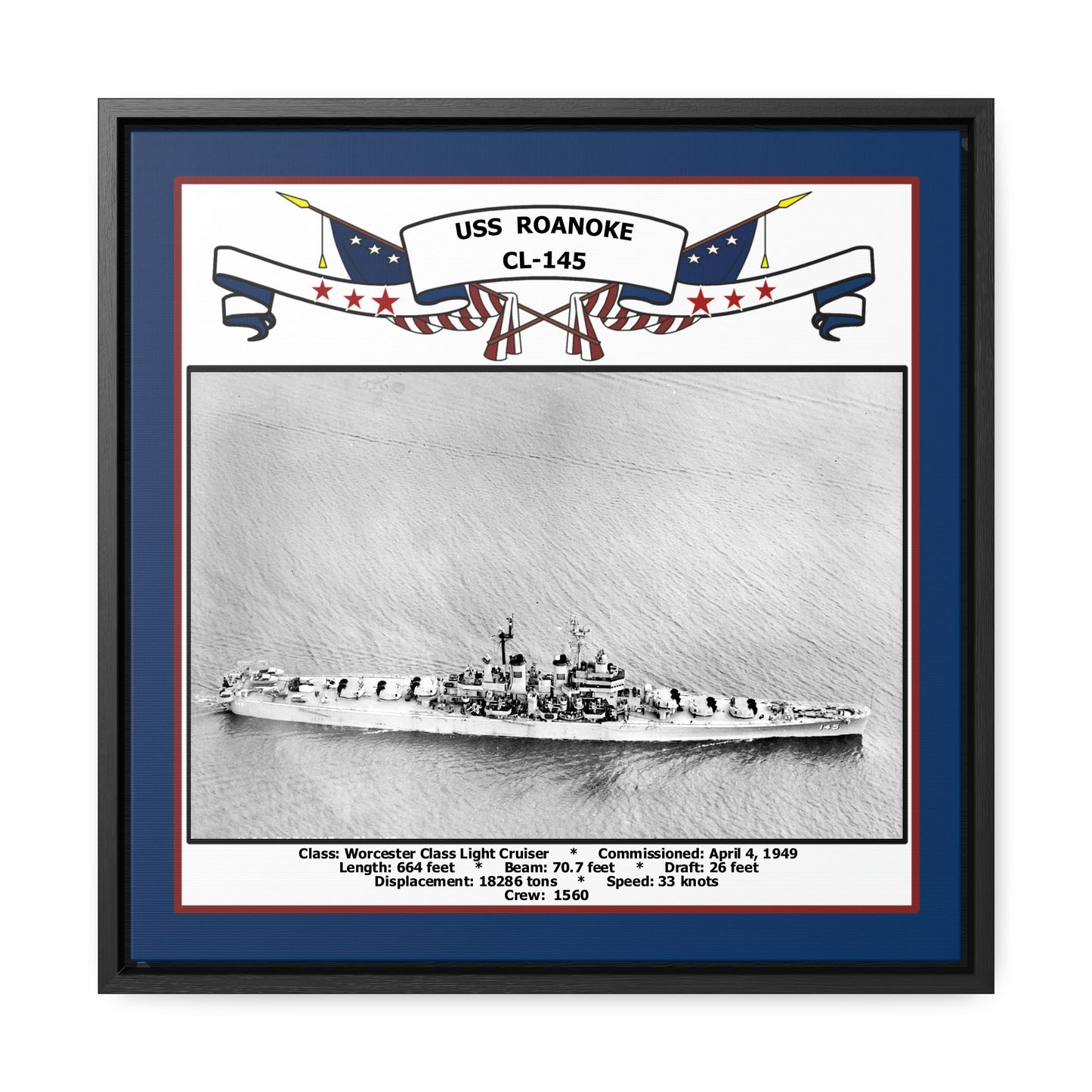 USS Roanoke CL-145 Navy Floating Frame Photo Front View