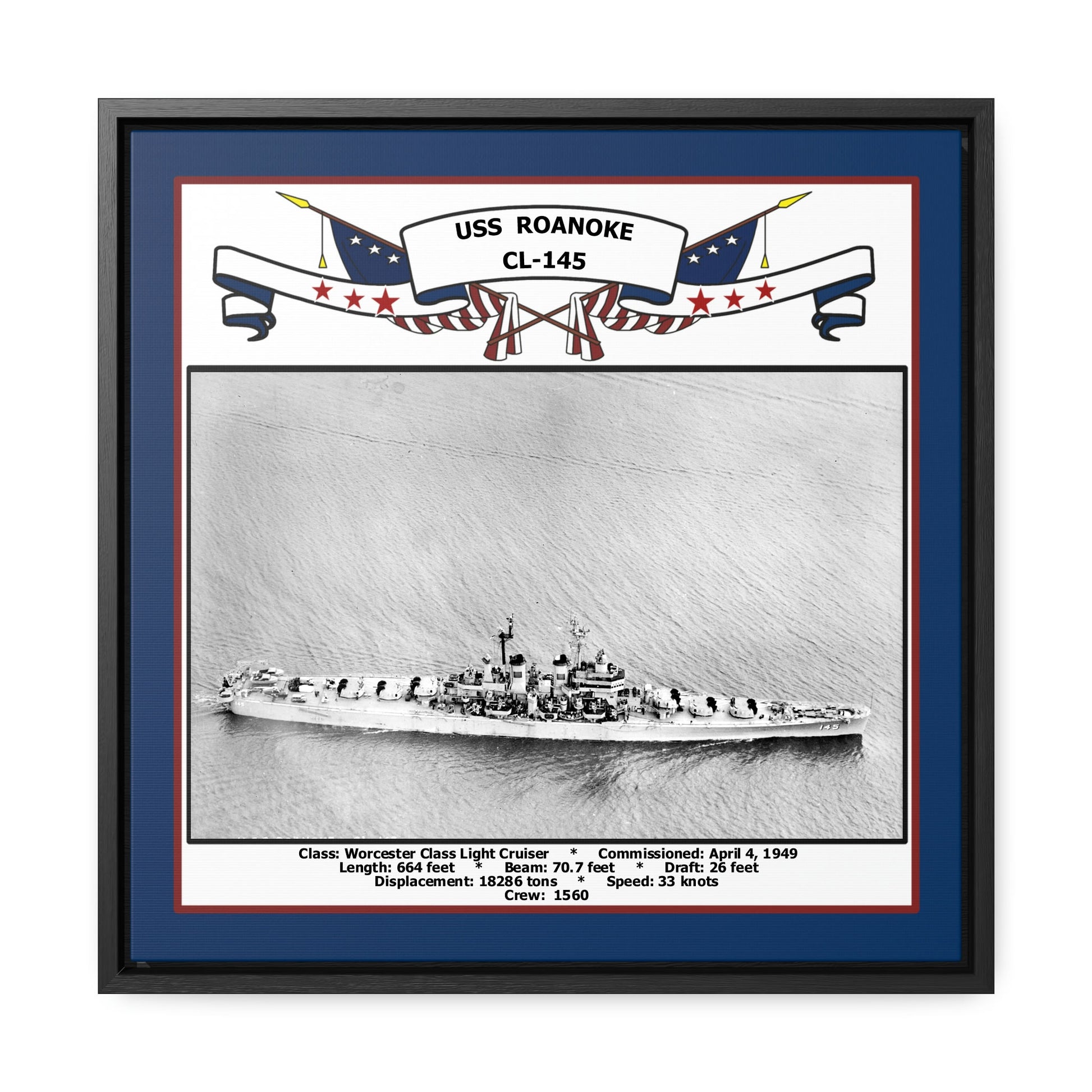 USS Roanoke CL-145 Navy Floating Frame Photo Front View