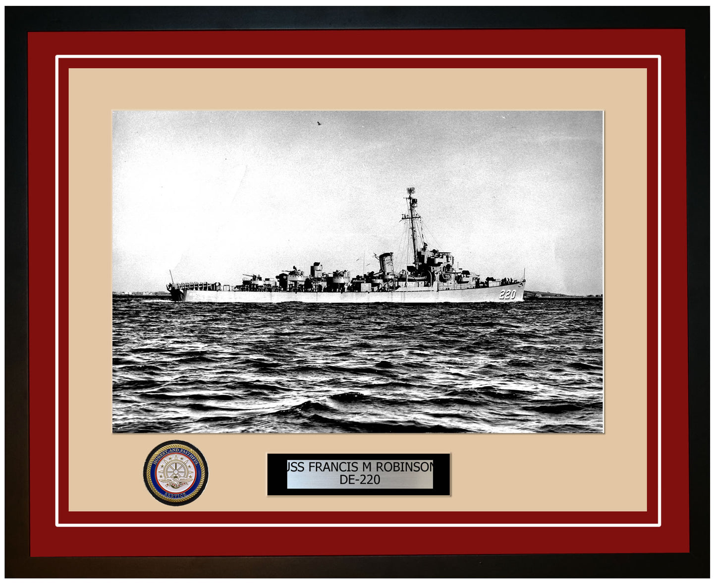 USS Francis M Robinson DE-220 Framed Navy Ship Photo Burgundy