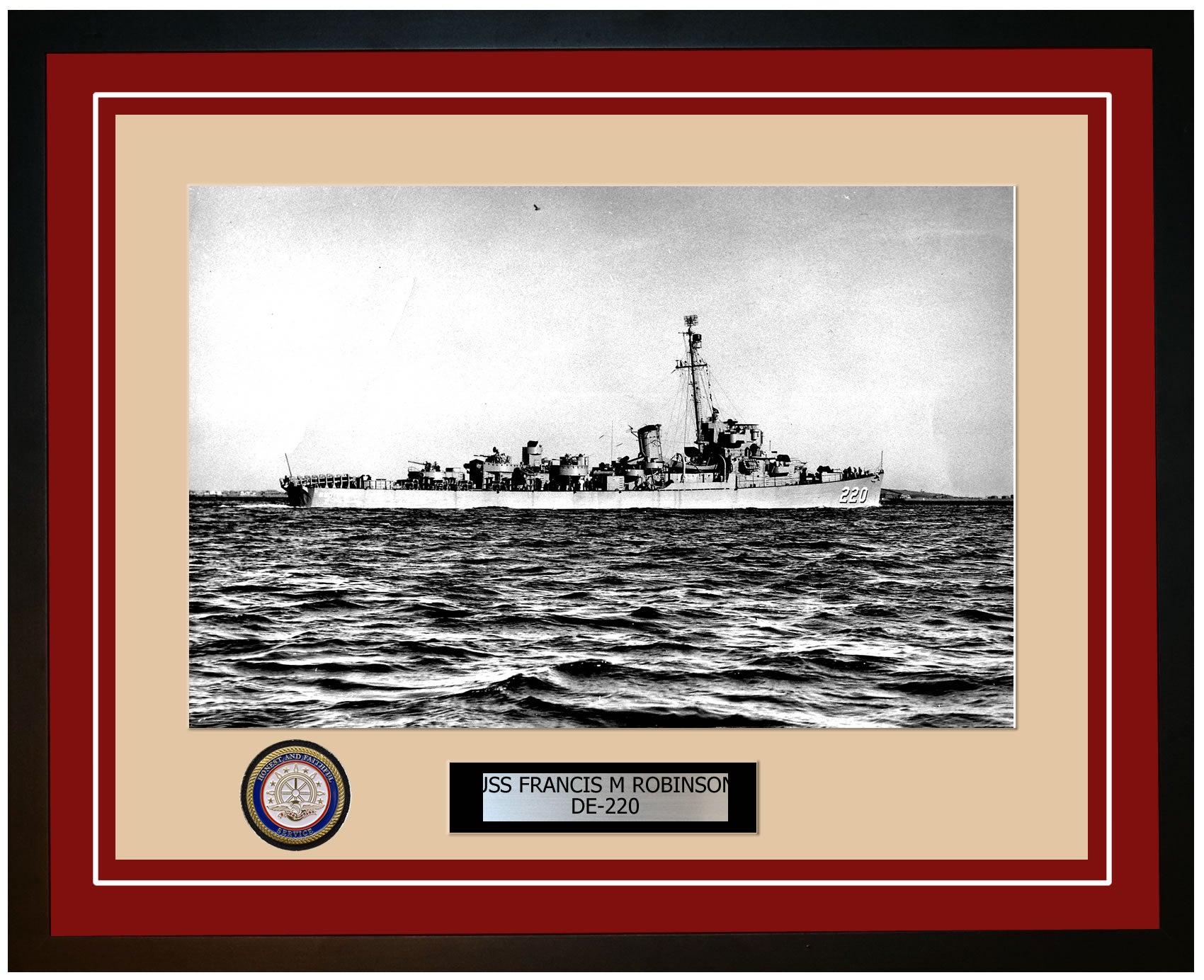 USS Francis M Robinson DE-220 Framed Navy Ship Photo Burgundy