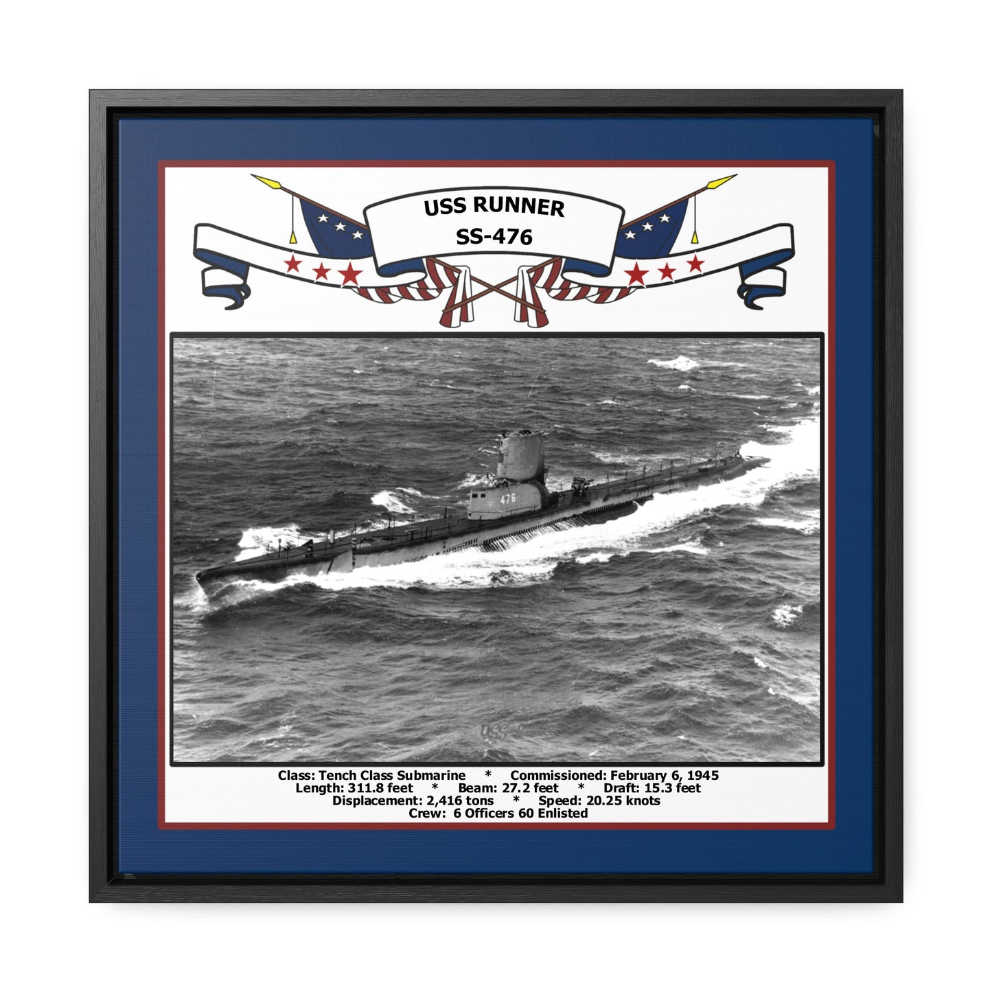 USS Runner SS-476 Navy Floating Frame Photo Front View