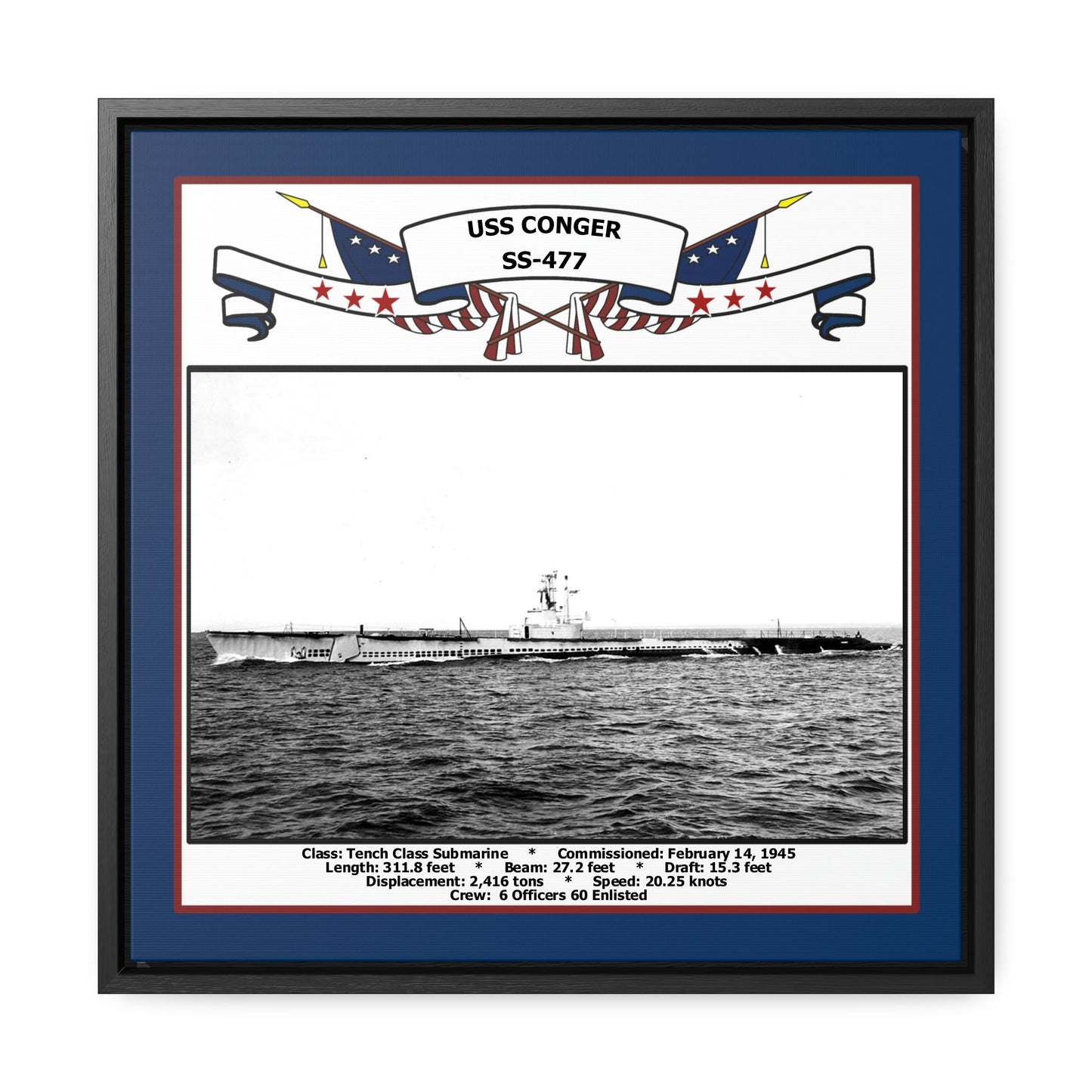 USS Conger SS-477 Navy Floating Frame Photo Front View