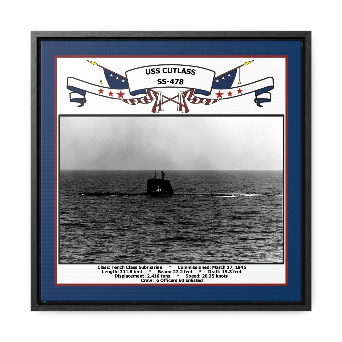 USS Cutlass SS-478 Navy Floating Frame Photo Front View