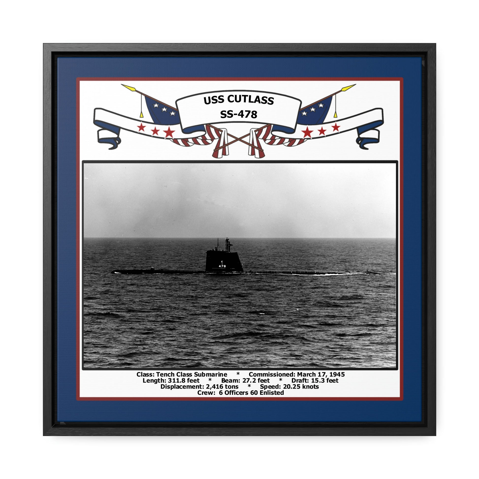 USS Cutlass SS-478 Navy Floating Frame Photo Front View