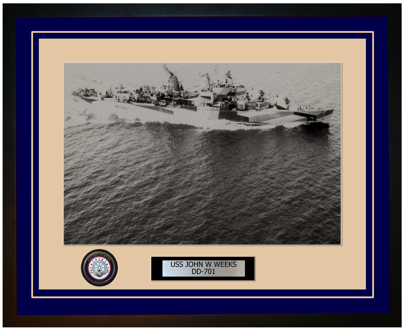 USS JOHN W WEEKS DD-701 Framed Navy Ship Photo Blue