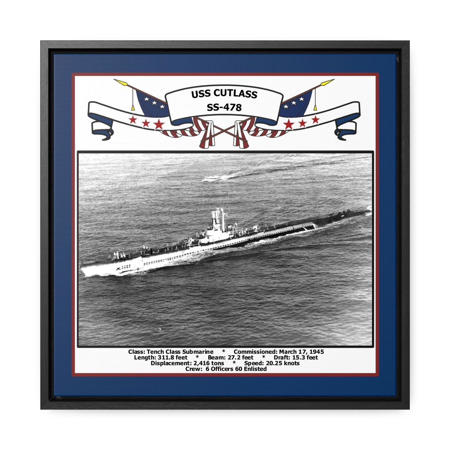 USS Cutlass SS-478 Navy Floating Frame Photo Front View