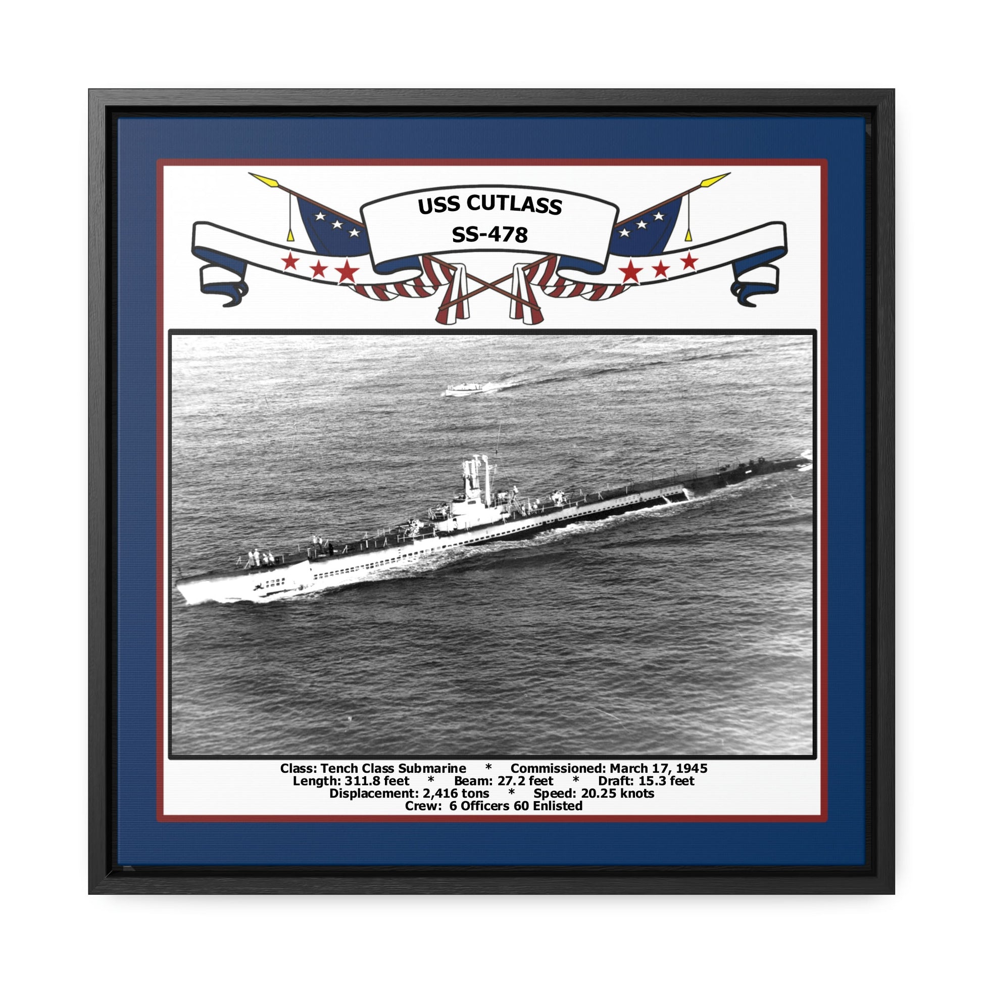 USS Cutlass SS-478 Navy Floating Frame Photo Front View