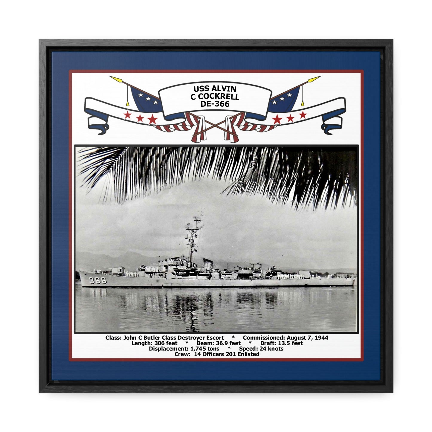 USS Alvin C Cockrell DE-366 Navy Floating Frame Photo Front View