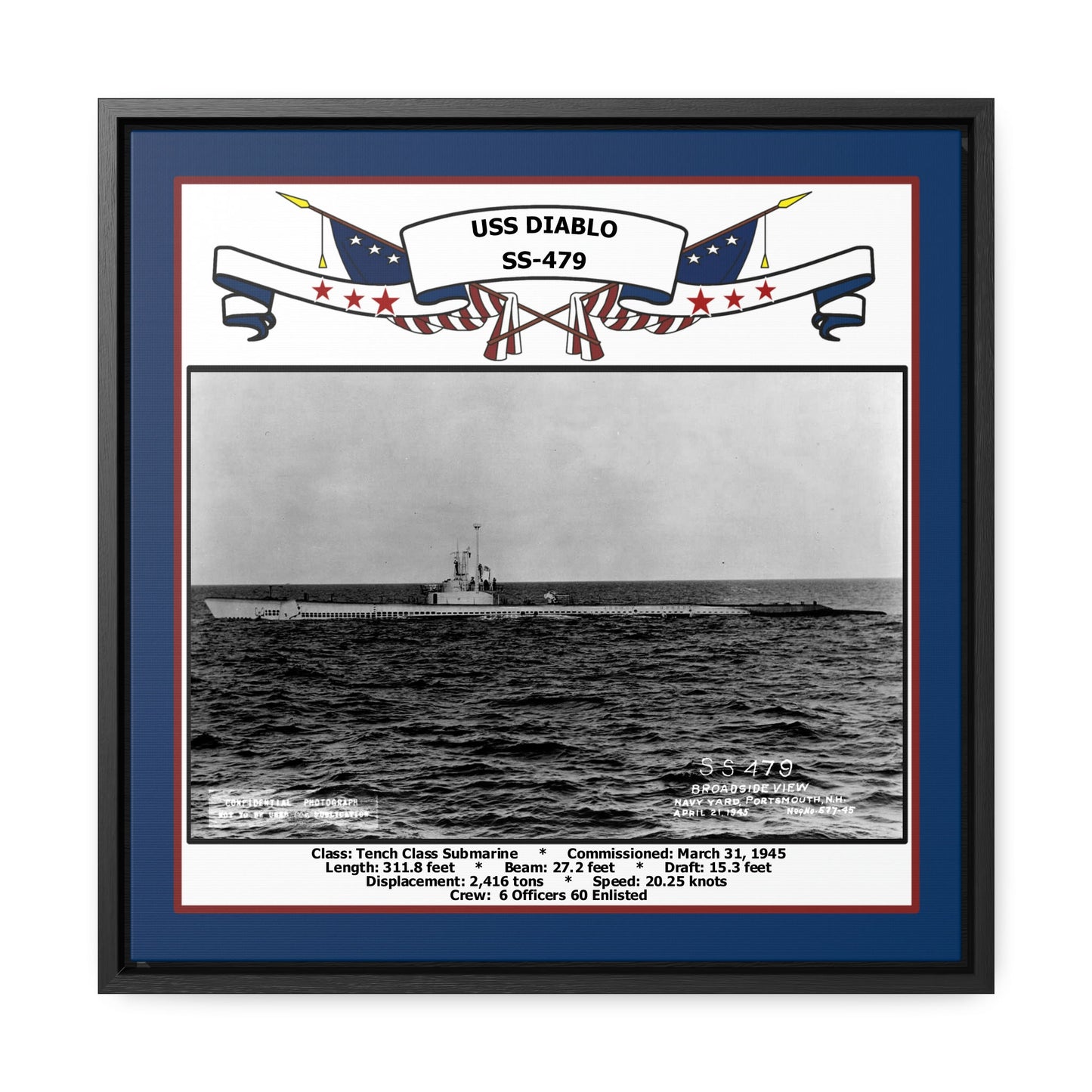 USS Diablo SS-479 Navy Floating Frame Photo Front View