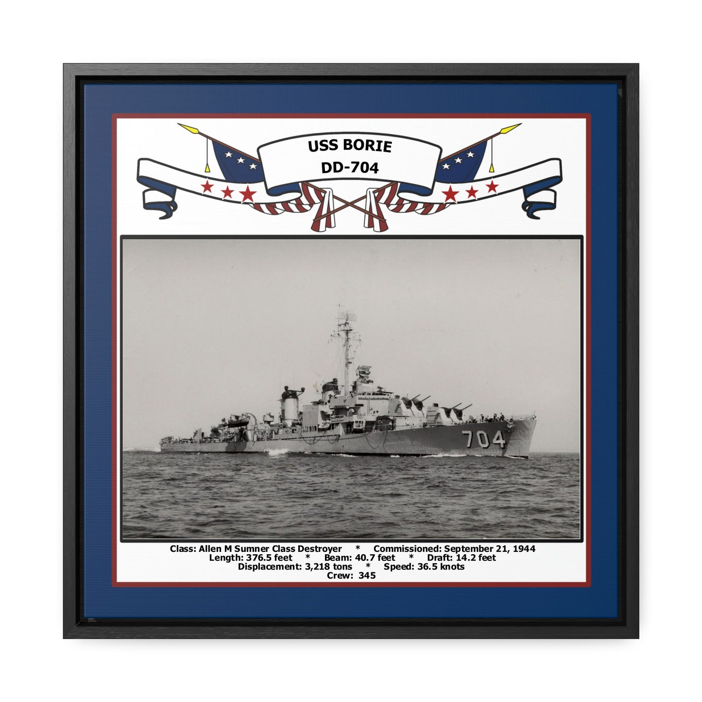USS Borie DD-704 Navy Floating Frame Photo Front View