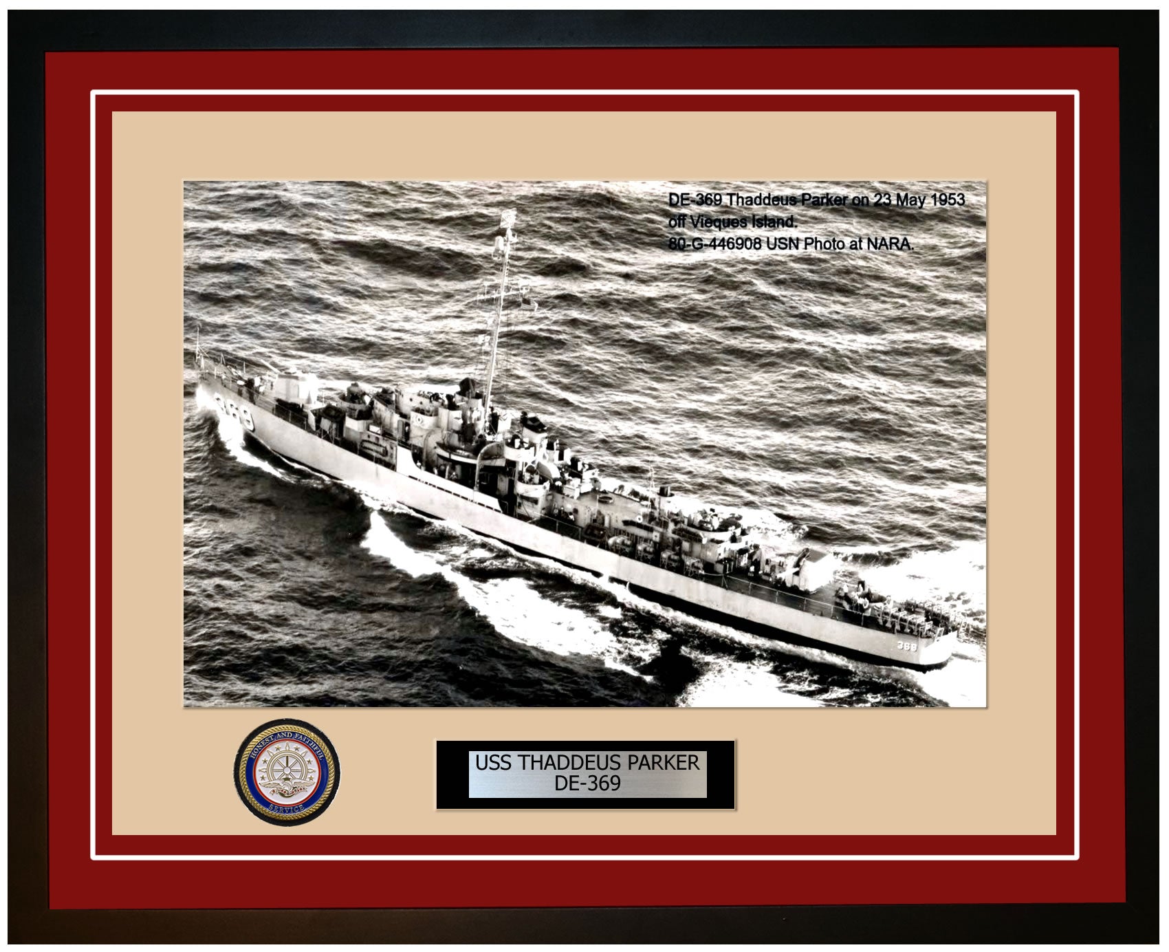 USS Thaddeus Parker DE-369 Framed Navy Ship Photo Burgundy