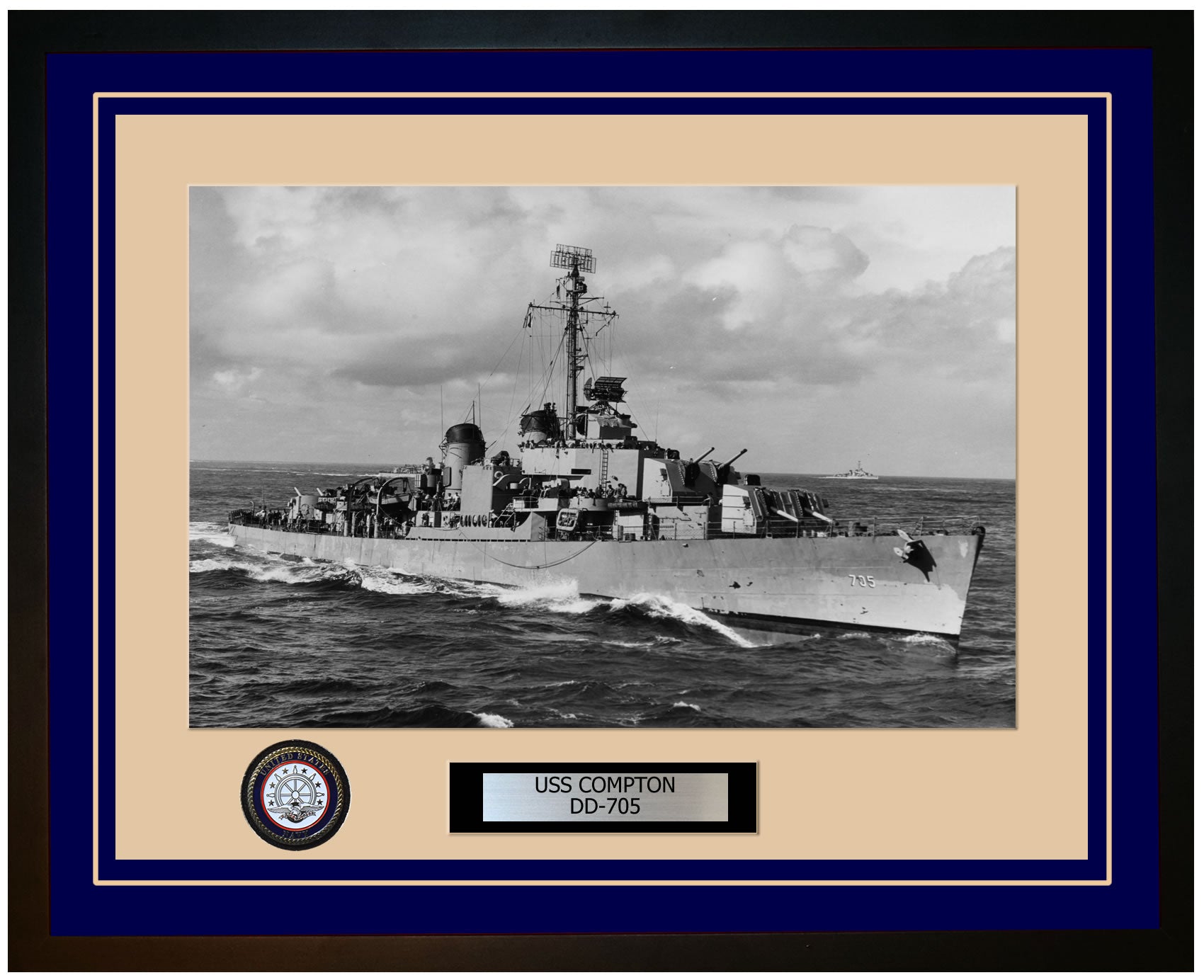 USS COMPTON DD-705 Framed Navy Ship Photo Blue
