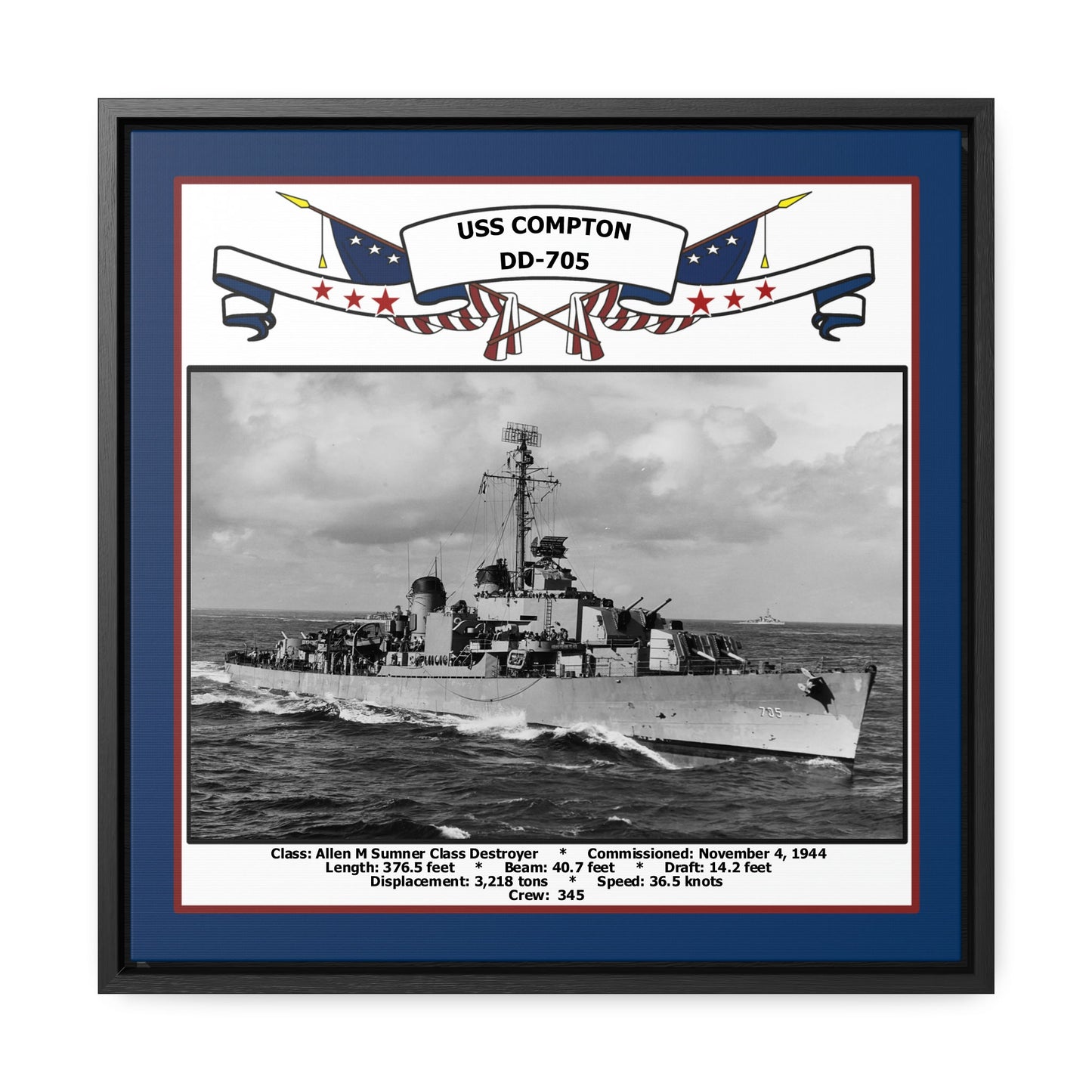 USS Compton DD-705 Navy Floating Frame Photo Front View
