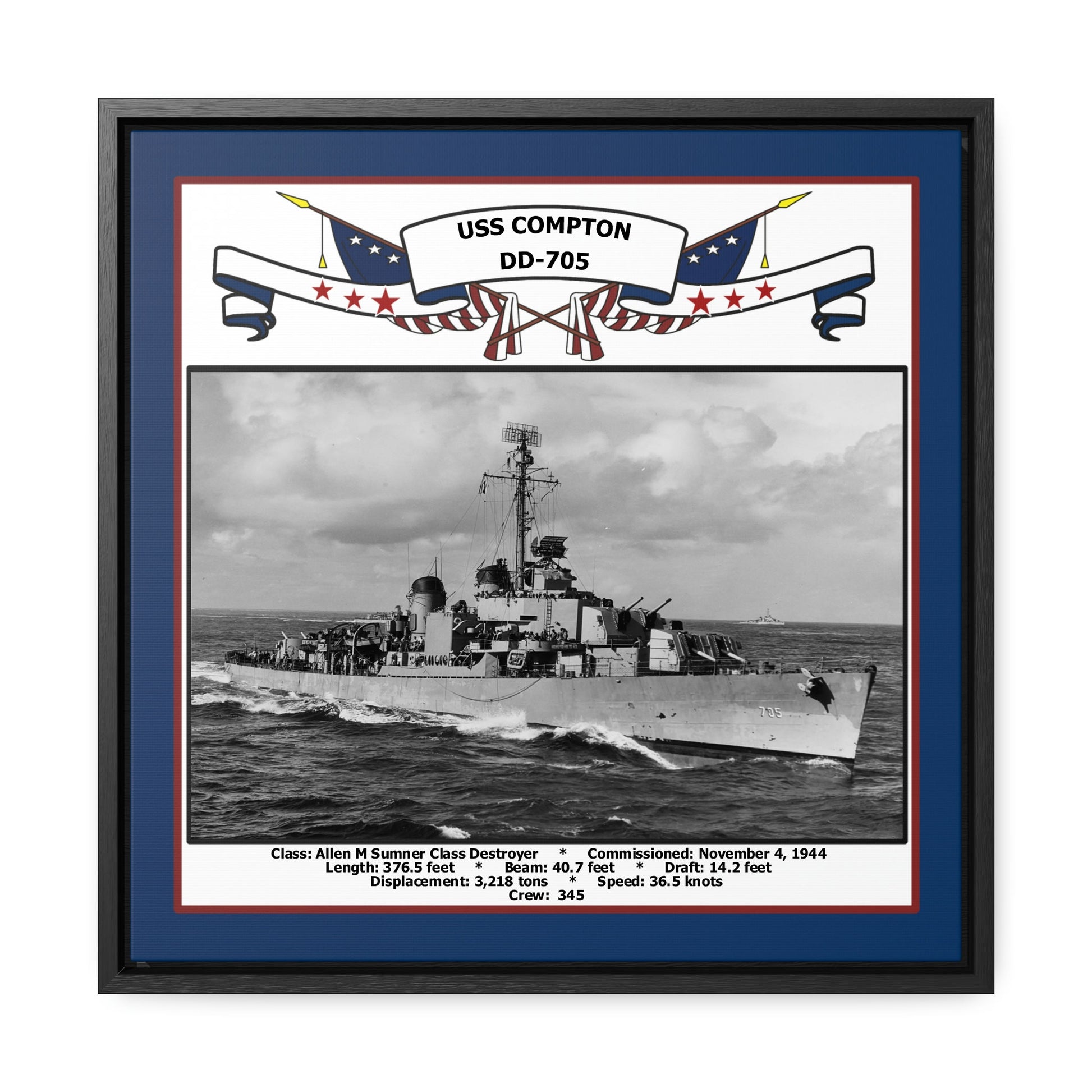USS Compton DD-705 Navy Floating Frame Photo Front View