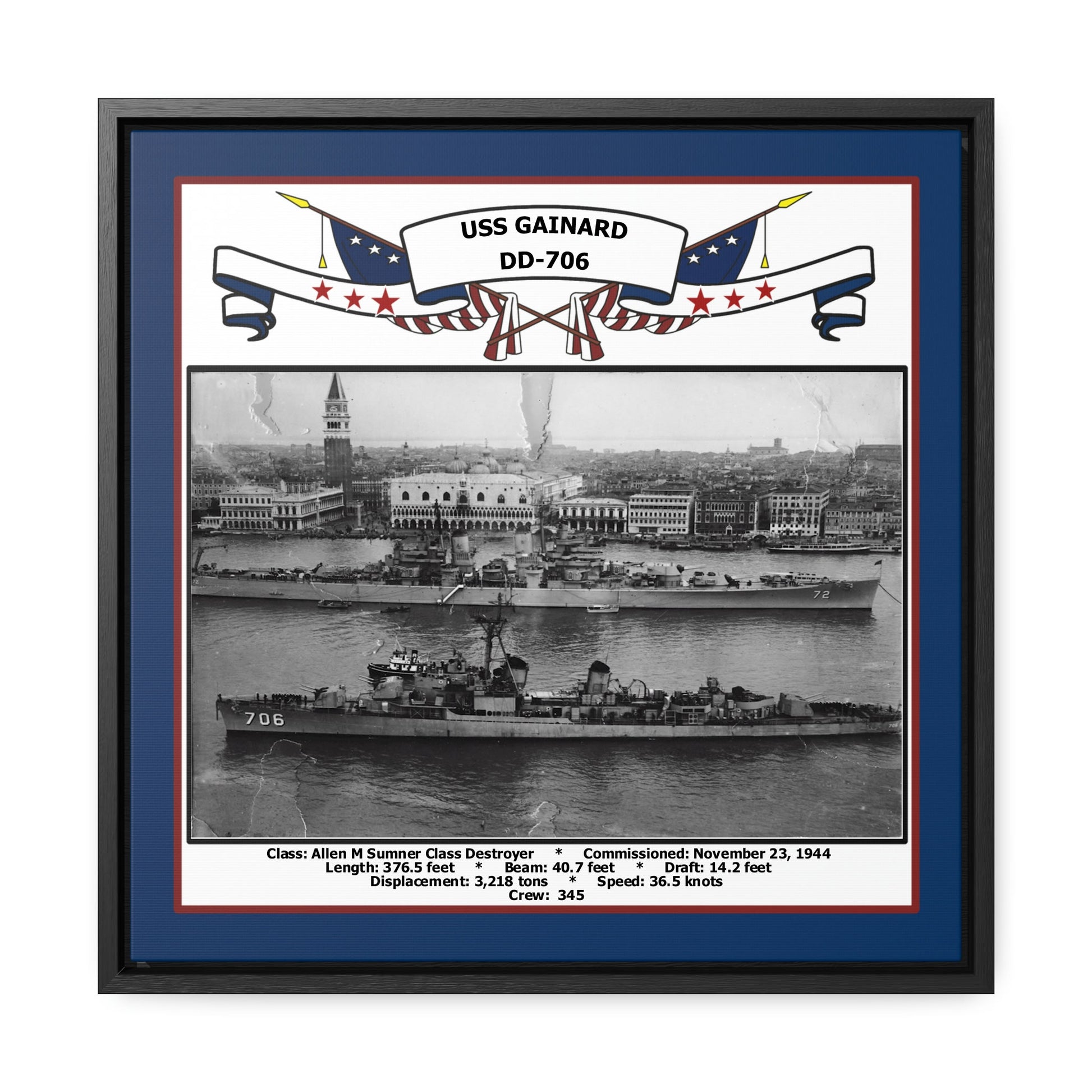 USS Gainard DD-706 Navy Floating Frame Photo Front View
