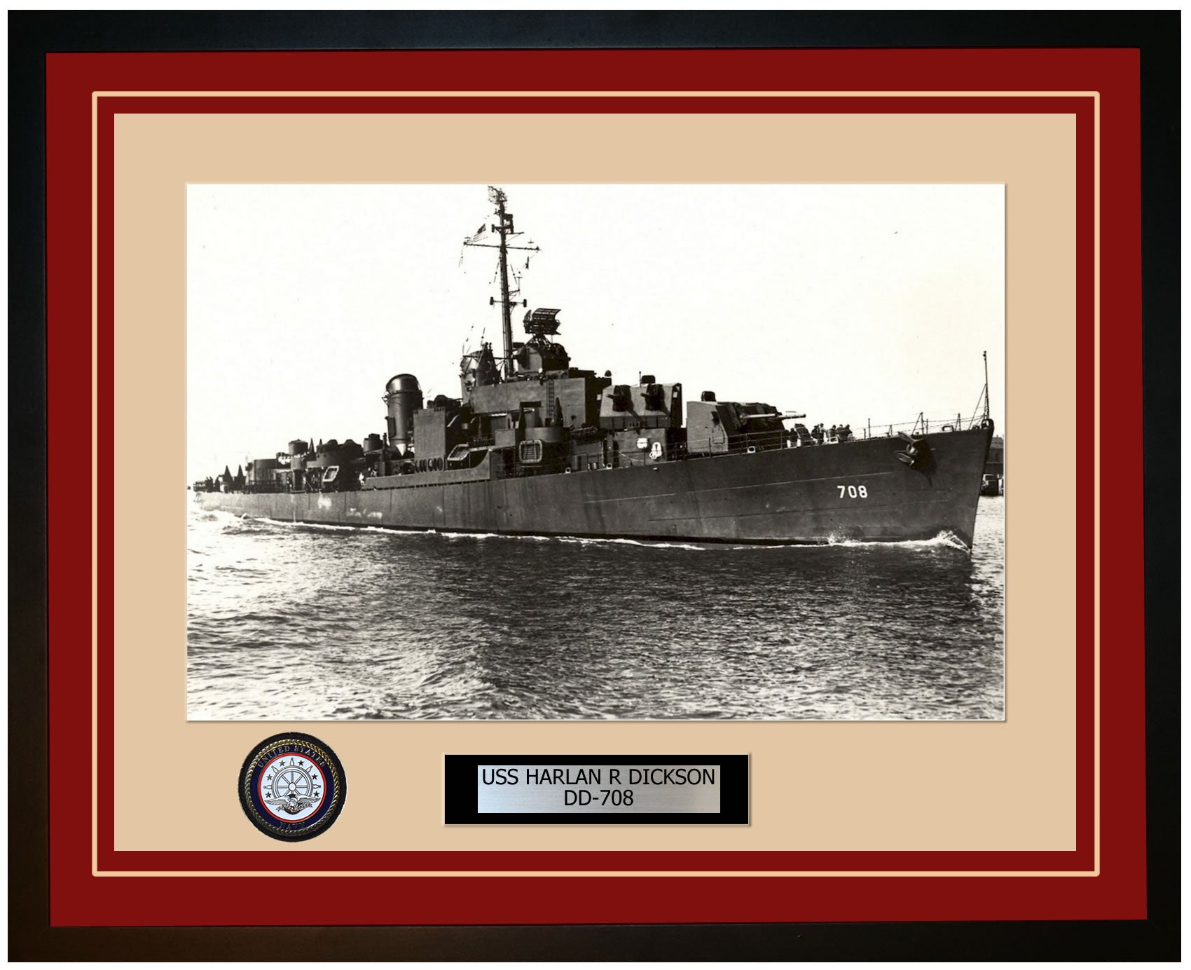 USS HARLAN R DICKSON DD-708 Framed Navy Ship Photo Burgundy