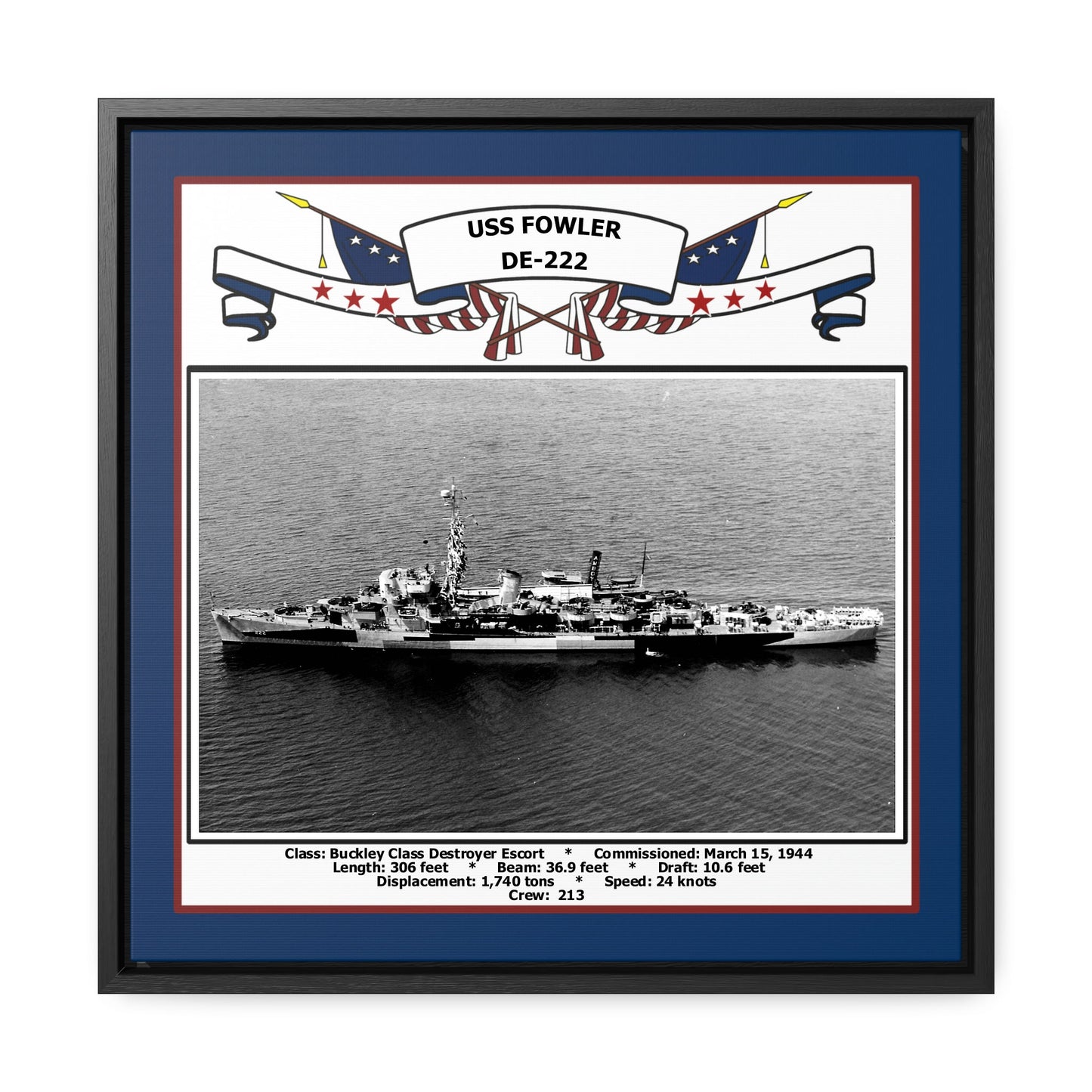 USS Fowler DE-222 Navy Floating Frame Photo Front View