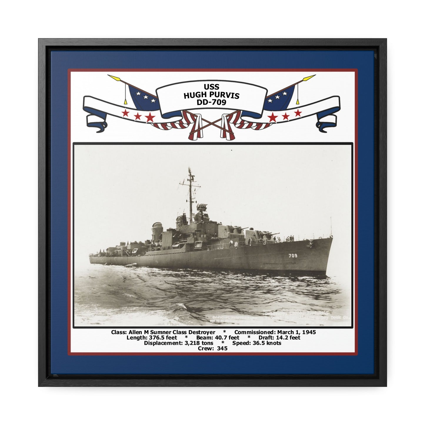 USS Hugh Purvis DD-709 Navy Floating Frame Photo Front View