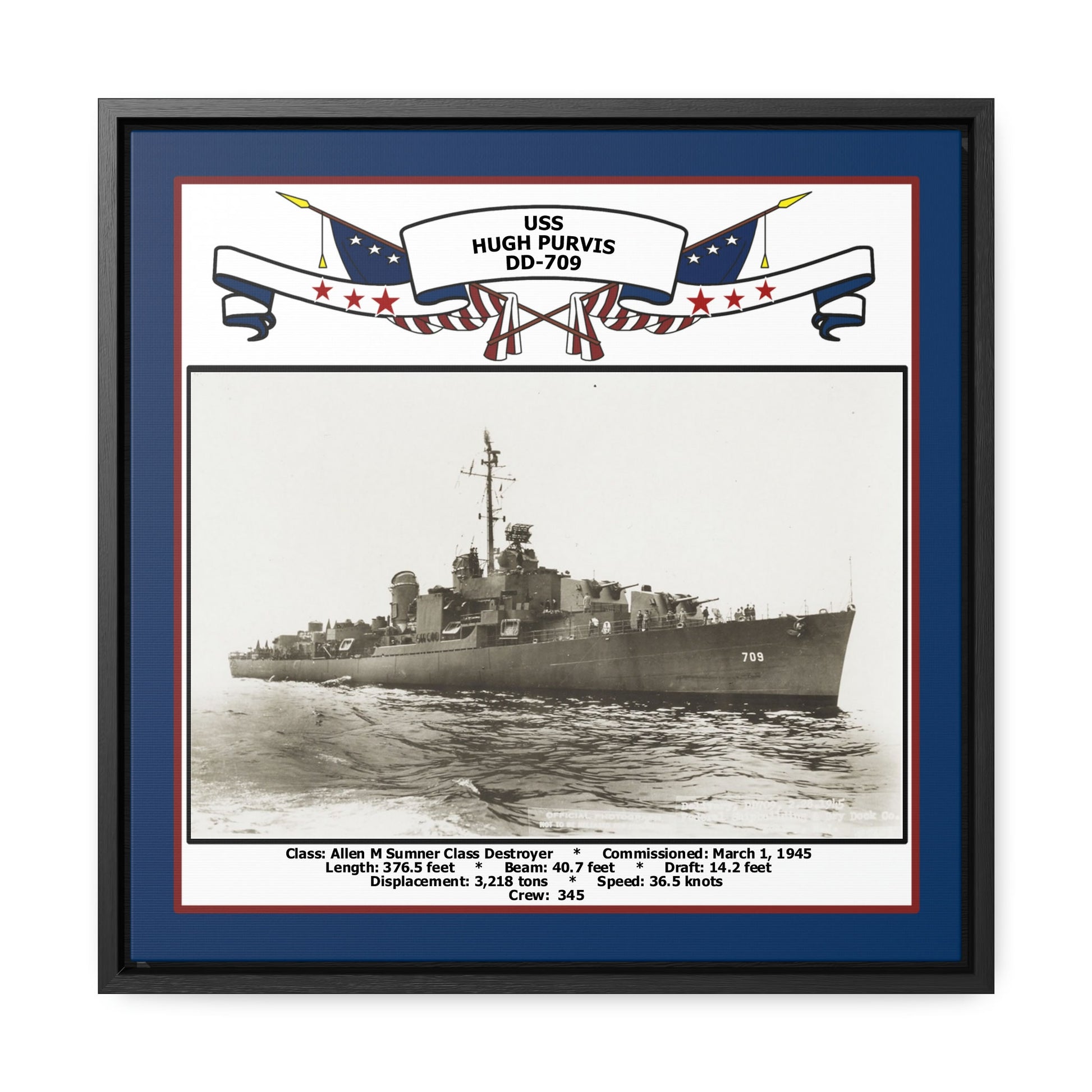 USS Hugh Purvis DD-709 Navy Floating Frame Photo Front View