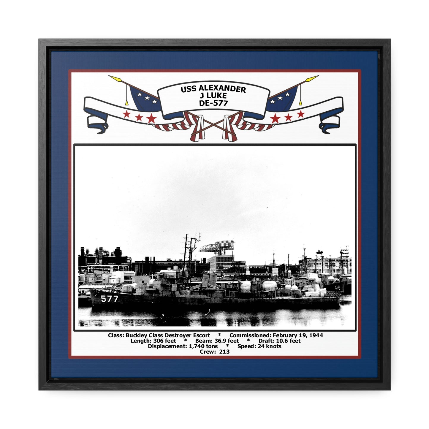 USS Alexander J Luke DE-577 Navy Floating Frame Photo Front View