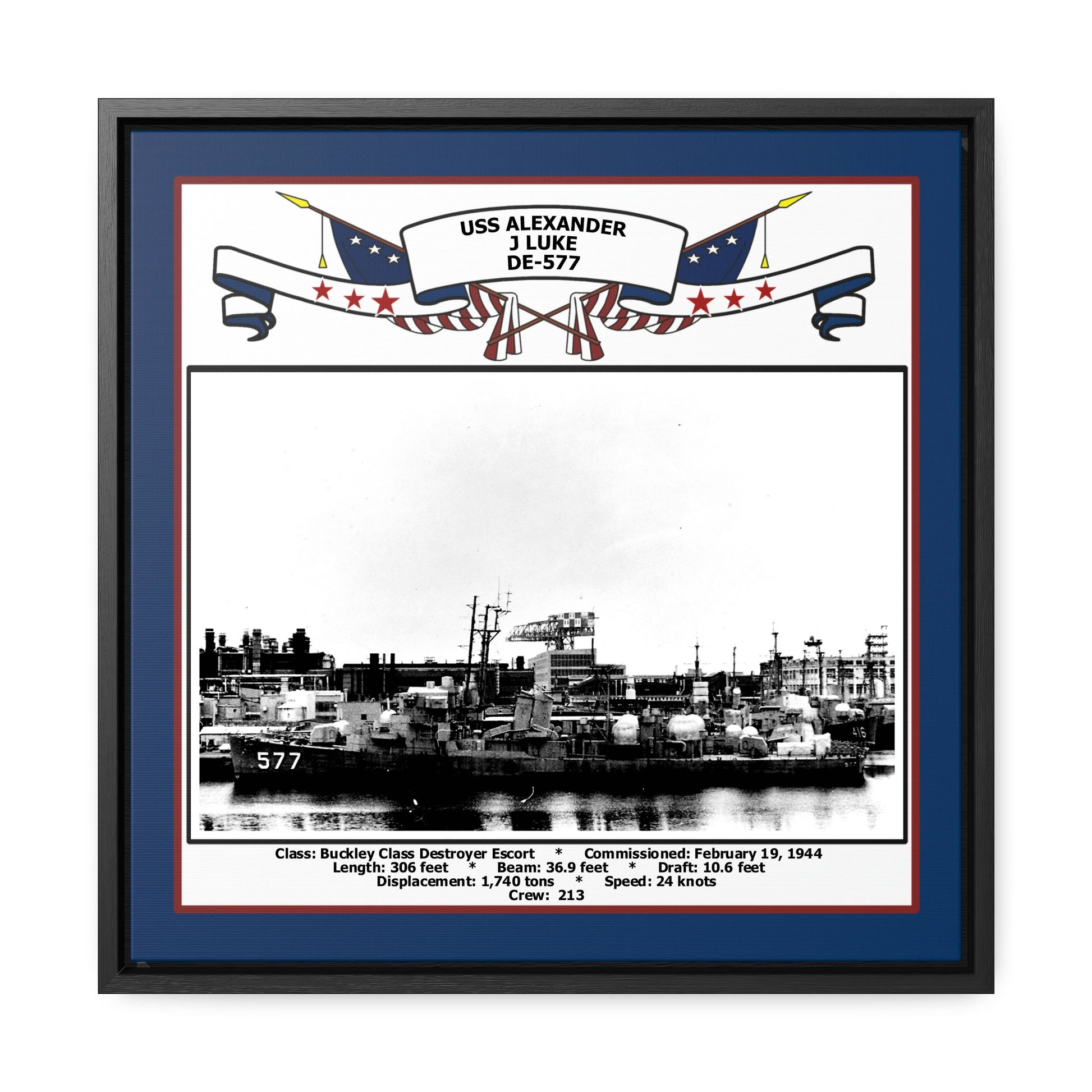 USS Alexander J Luke DE-577 Navy Floating Frame Photo Front View