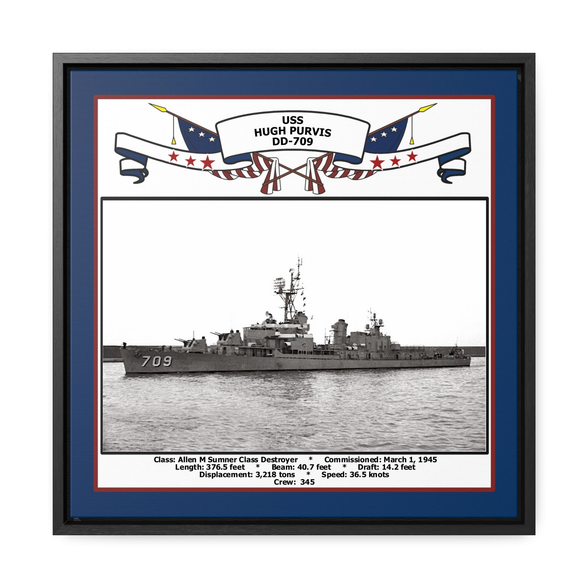 USS Hugh Purvis DD-709 Navy Floating Frame Photo Front View