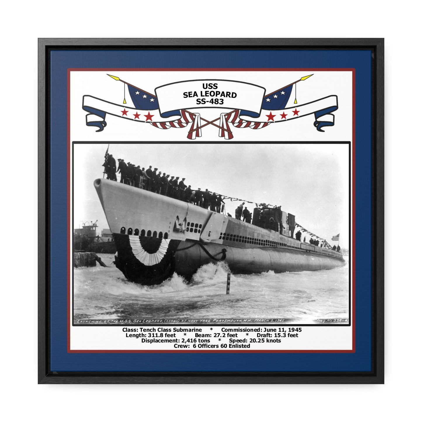 USS Sea Leopard SS-483 Navy Floating Frame Photo Front View