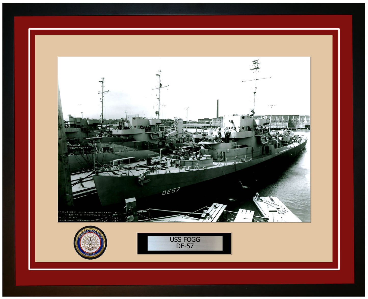 USS Fogg DE-57 Framed Navy Ship Photo Burgundy