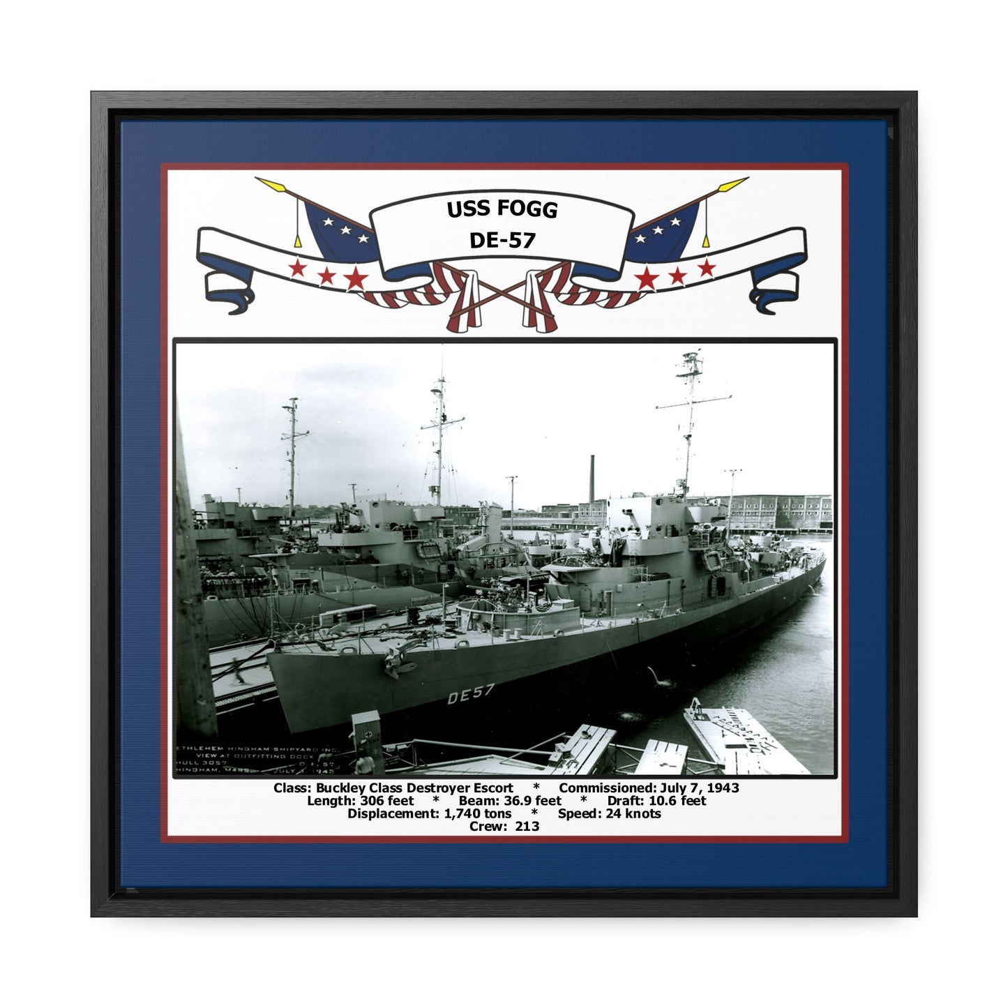 USS Fogg DE-57 Navy Floating Frame Photo Front View