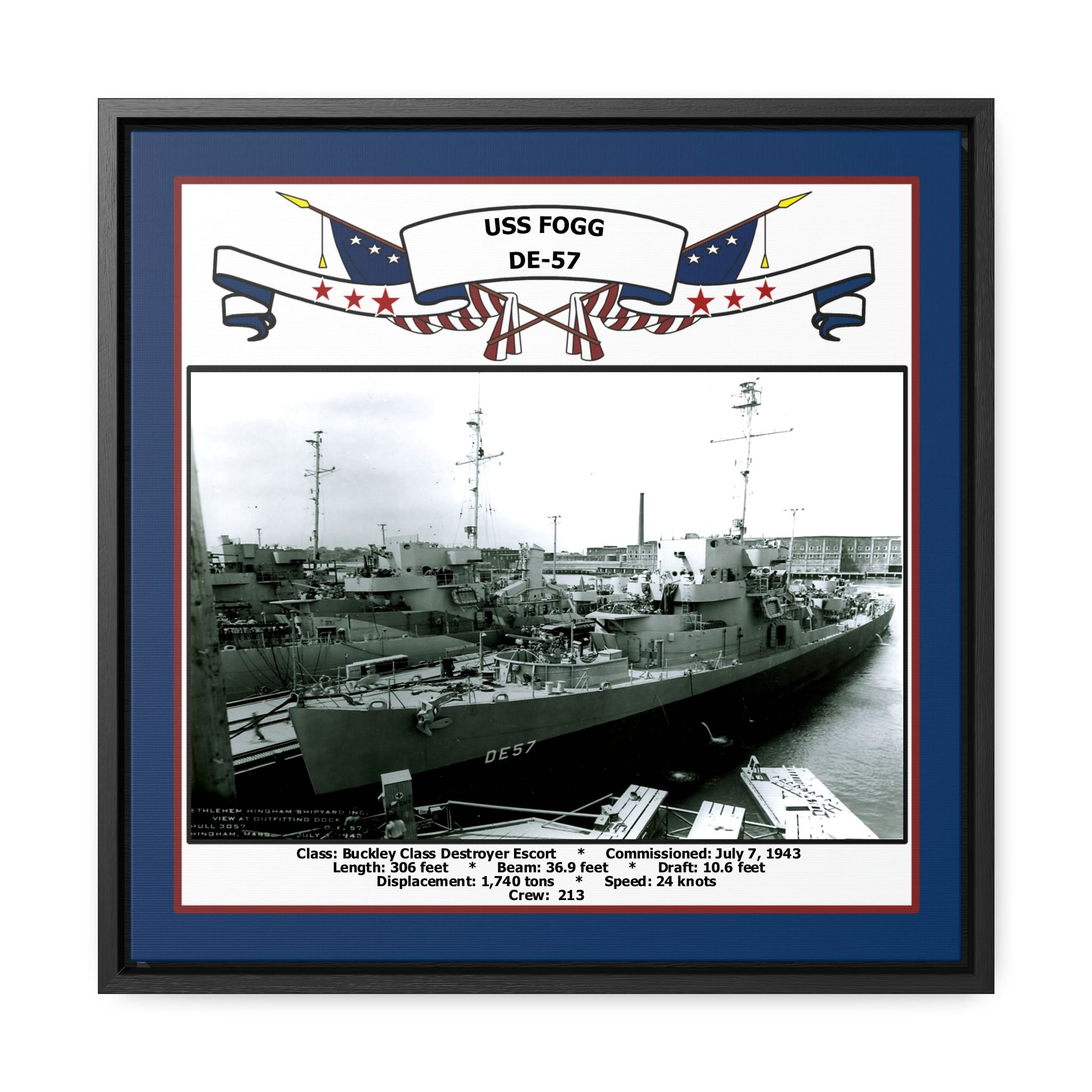 USS Fogg DE-57 Navy Floating Frame Photo Front View