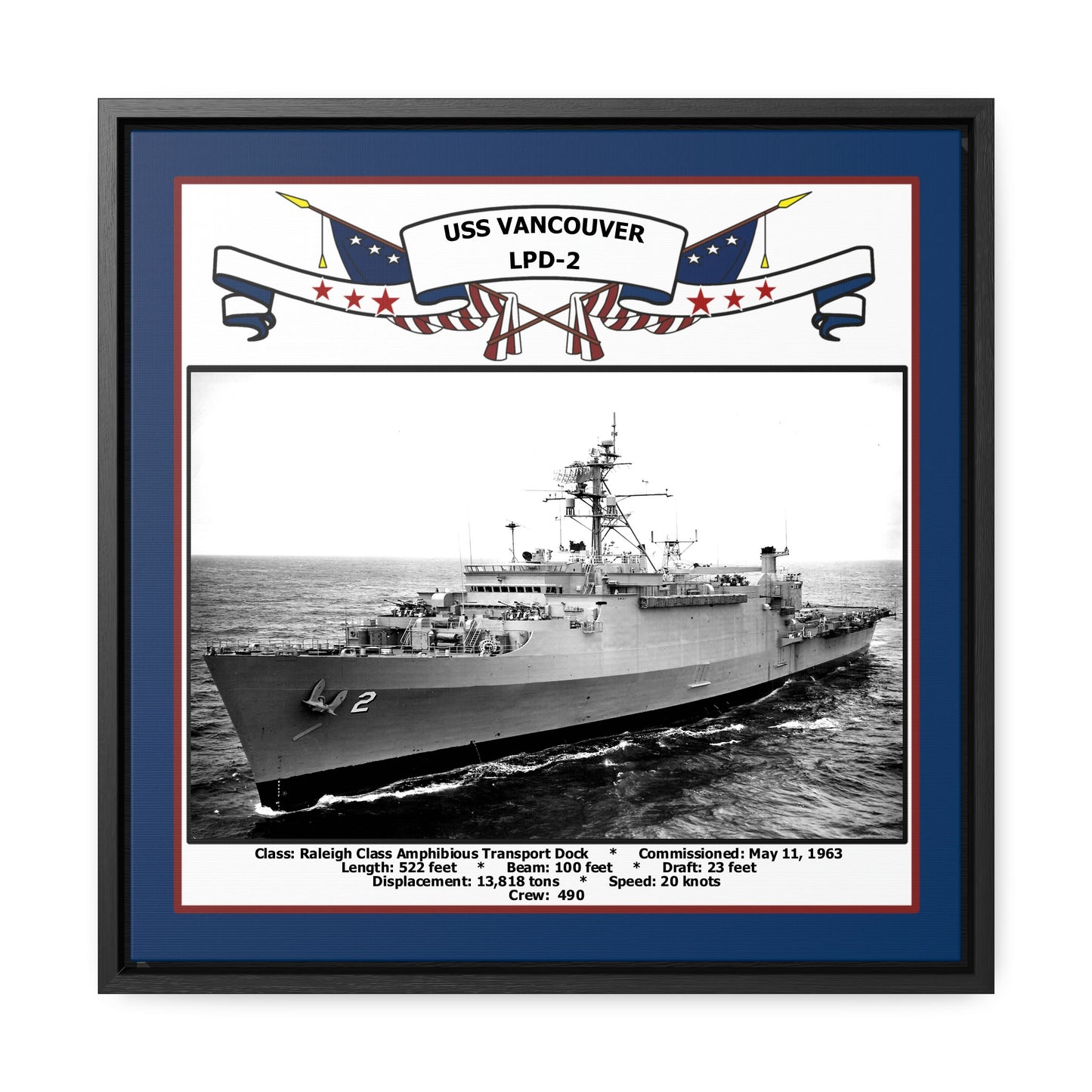 USS Vancouver LPD-2 Navy Floating Frame Photo Front View