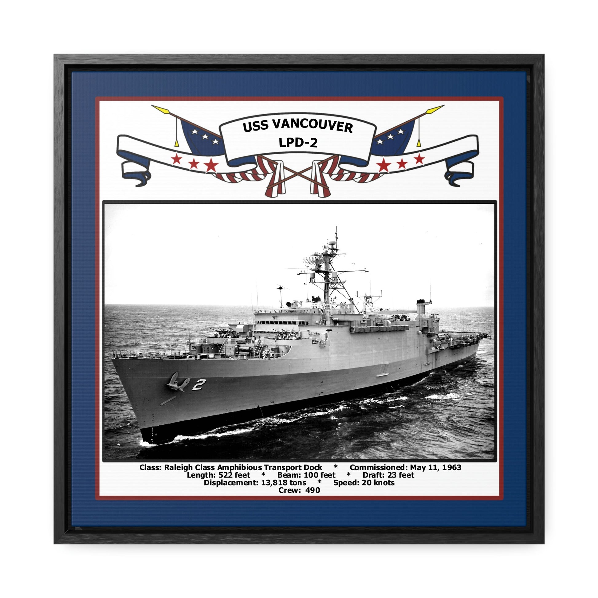 USS Vancouver LPD-2 Navy Floating Frame Photo Front View