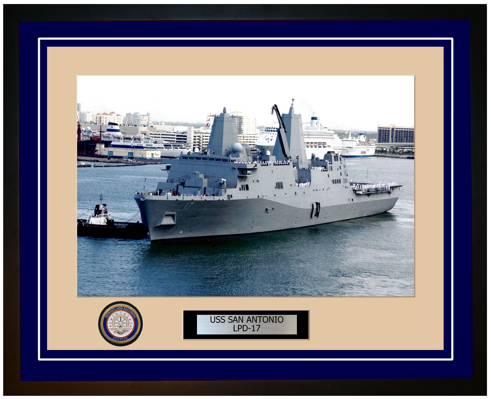 USS San Antonio LPD-17 Framed Navy Ship Photo Blue