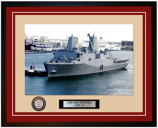 USS San Antonio LPD-17 Framed Navy Ship Photo Burgundy