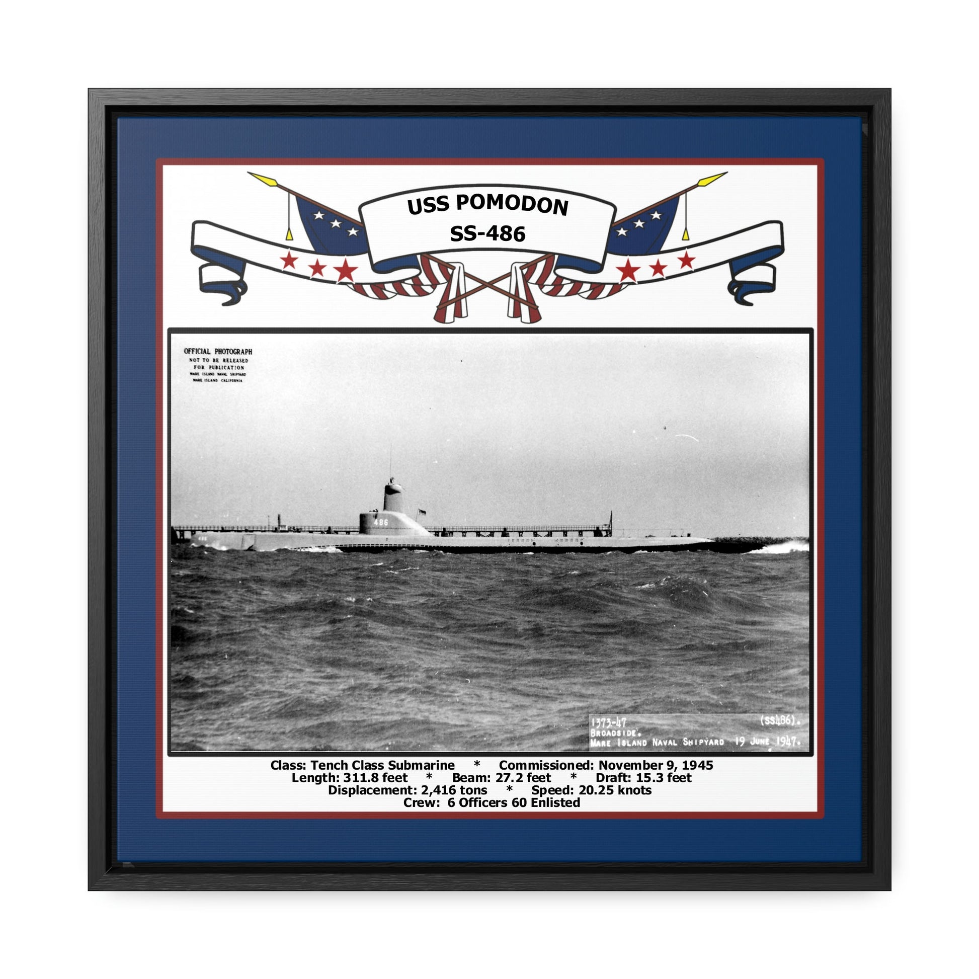 USS Pomodon SS-486 Navy Floating Frame Photo Front View