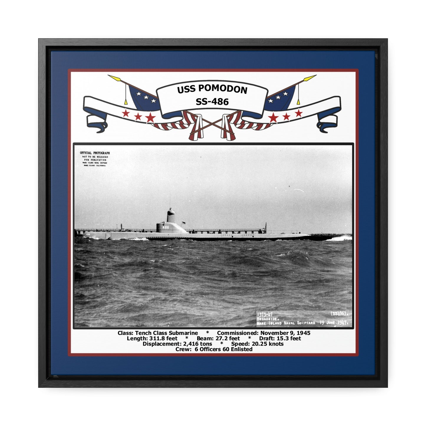 USS Pomodon SS-486 Navy Floating Frame Photo Front View