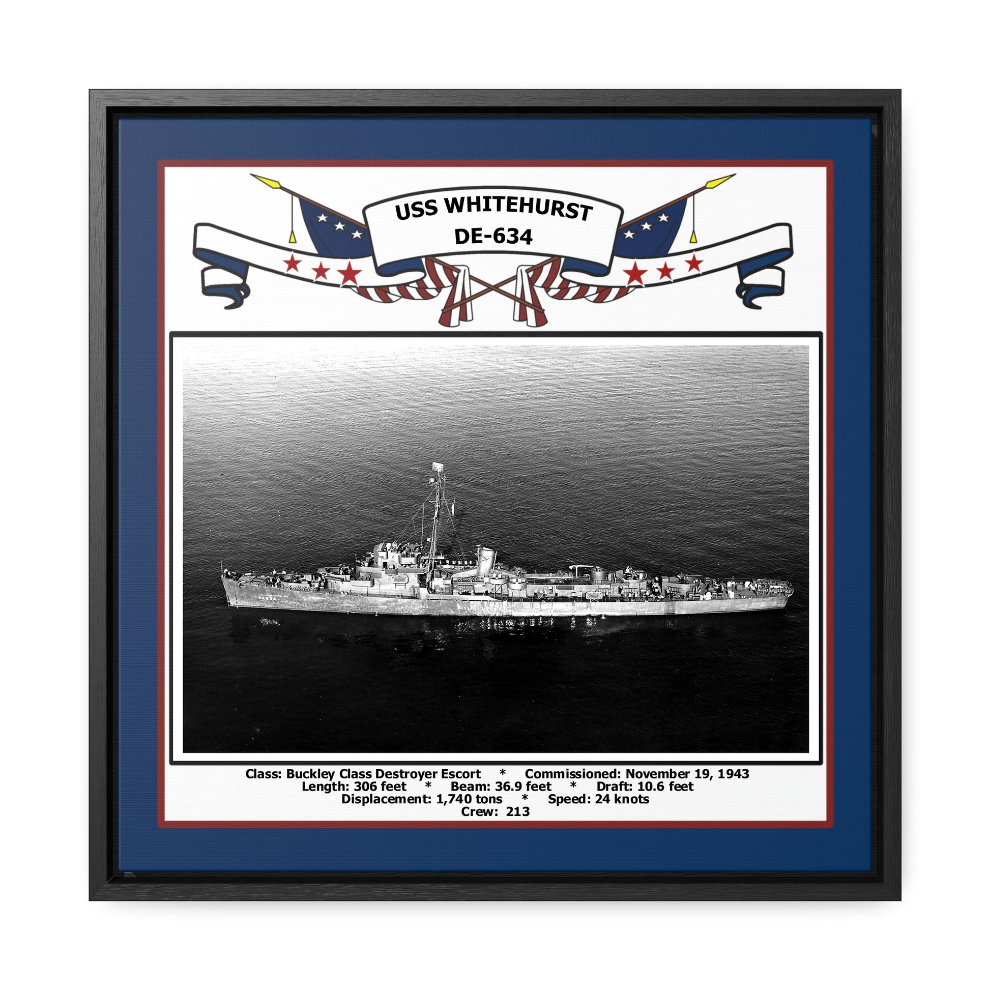 USS Whitehurst DE-634 Navy Floating Frame Photo Front View