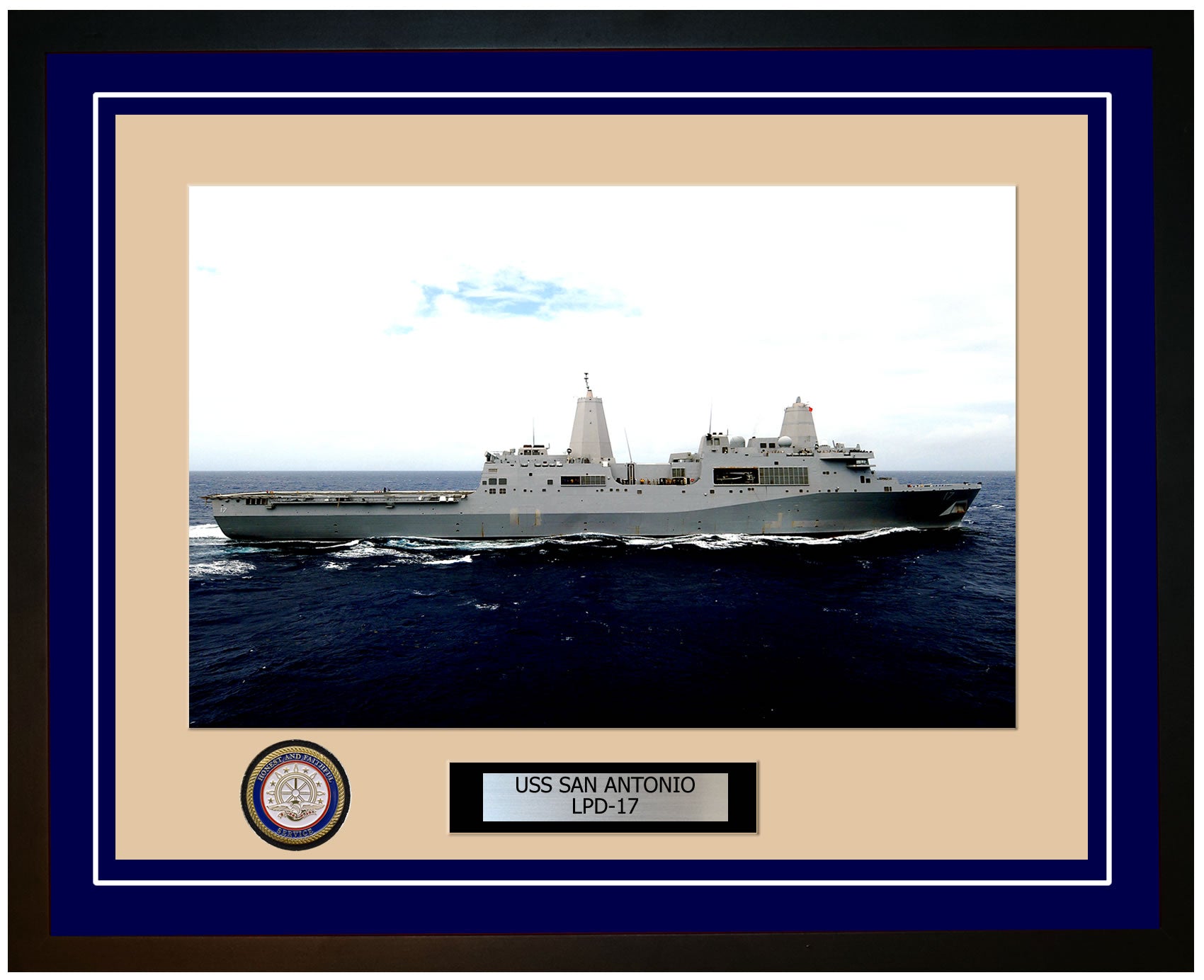 USS San Antonio LPD-17 Framed Navy Ship Photo Blue