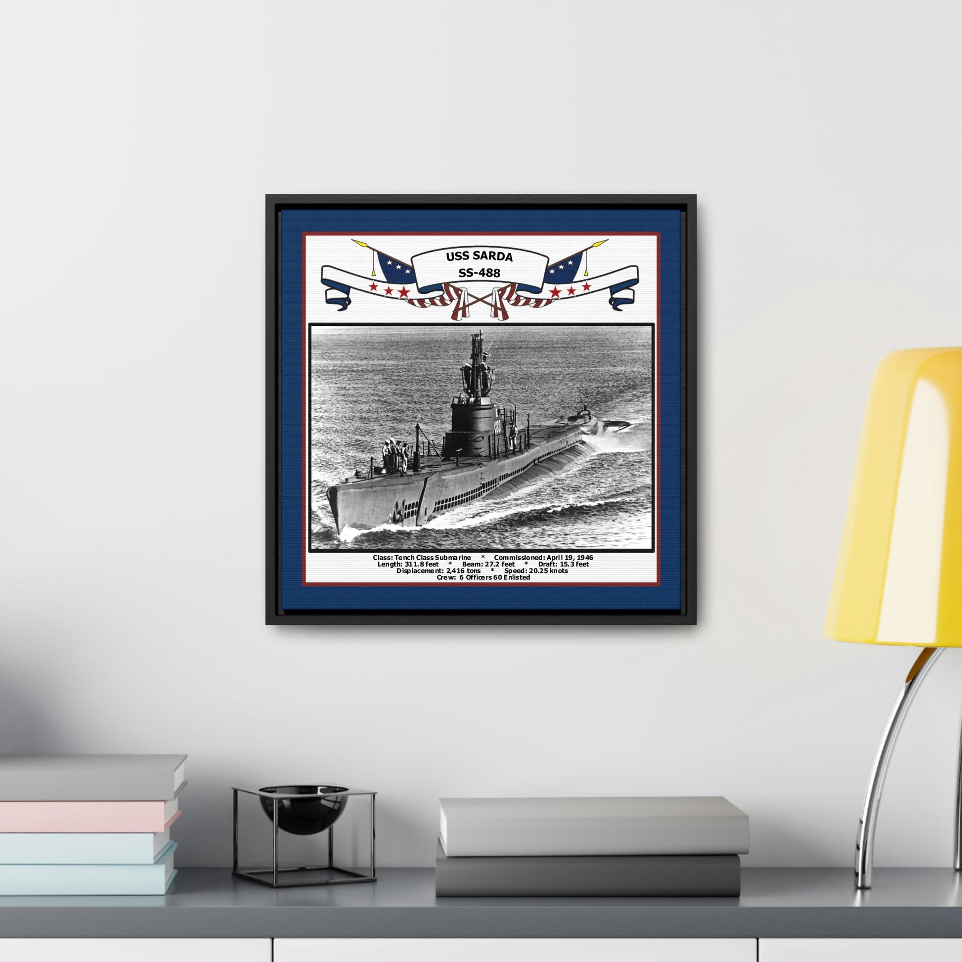 USS Sarda SS-488 Navy Floating Frame Photo Desk View