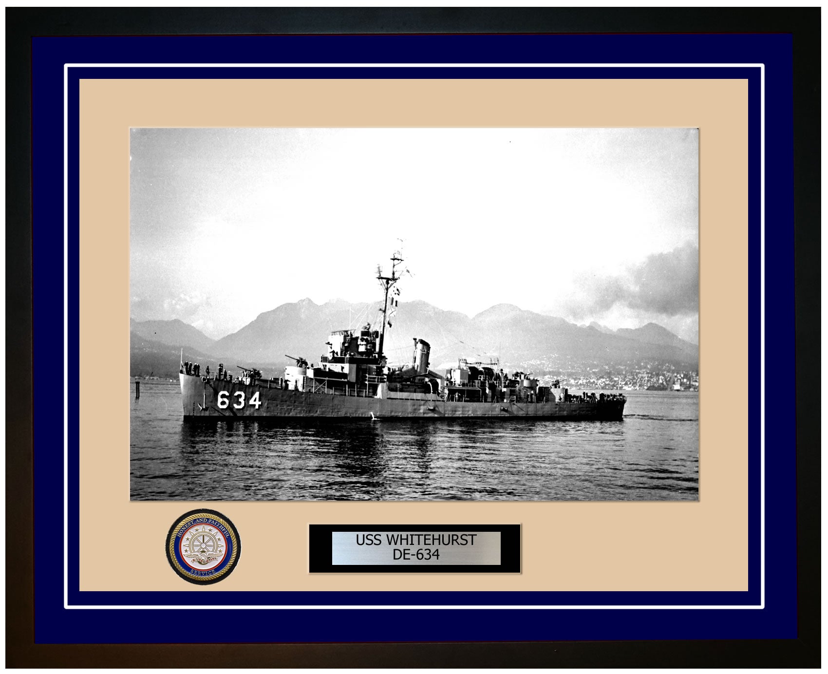 USS Whitehurst DE-634 Framed Navy Ship Photo Blue